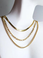 Waterproof 3 Layer Necklace • 18K Gold Stainless Steel • Herringbone Figaro Curb Triple Chain Trio • 13" 16" 18" + 2" Extender