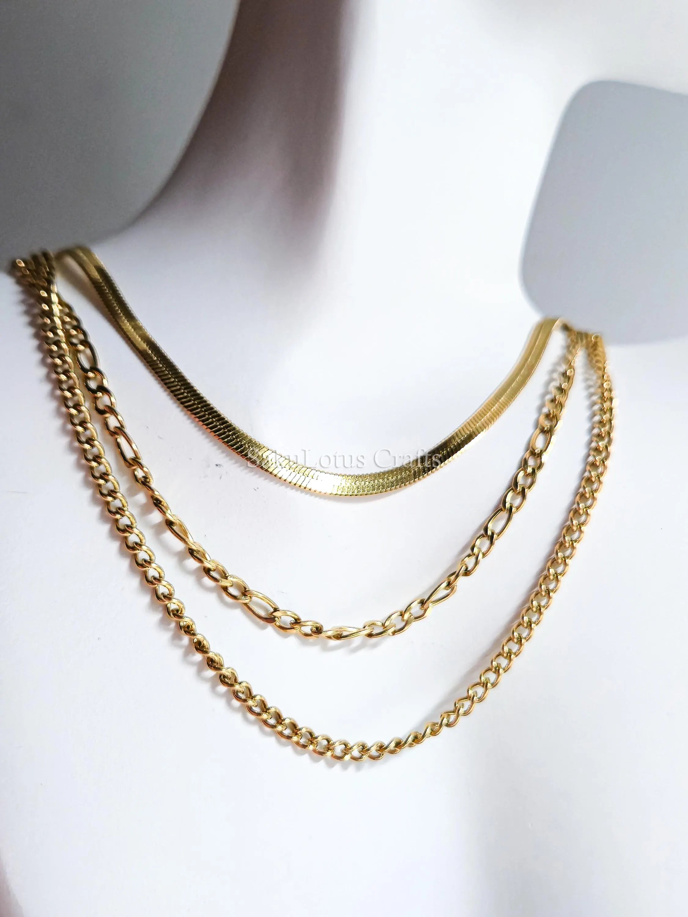 Waterproof 3 Layer Necklace • 18K Gold Stainless Steel • Herringbone Figaro Curb Triple Chain Trio • 13" 16" 18" + 2" Extender