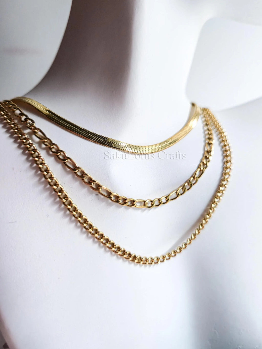 Waterproof 3 Layer Necklace • 18K Gold Stainless Steel • Herringbone Figaro Curb Triple Chain Trio • 13" 16" 18" + 2" Extender