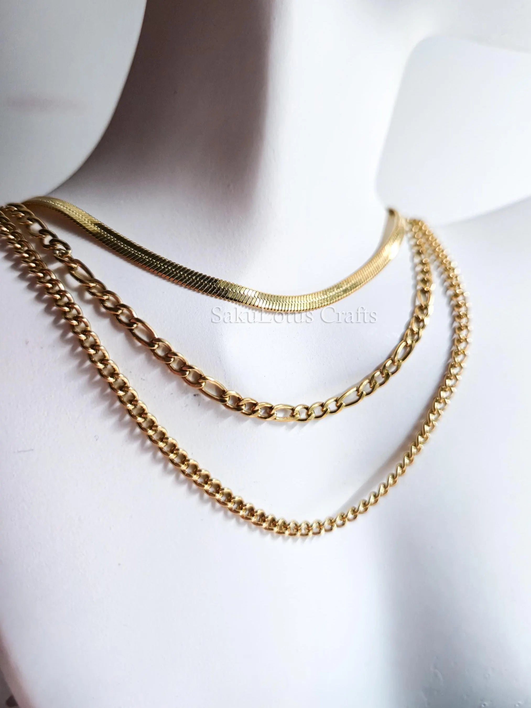 Waterproof 3 Layer Necklace • 18K Gold Stainless Steel • Herringbone Figaro Curb Triple Chain Trio • 13" 16" 18" + 2" Extender