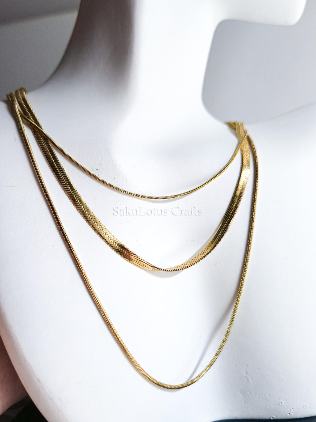 Waterproof 3-in-1 Layered Necklace • 18K Gold or Silver Stainless Steel • Snake & Herringbone Chains • 18" 20" 22" + Extender