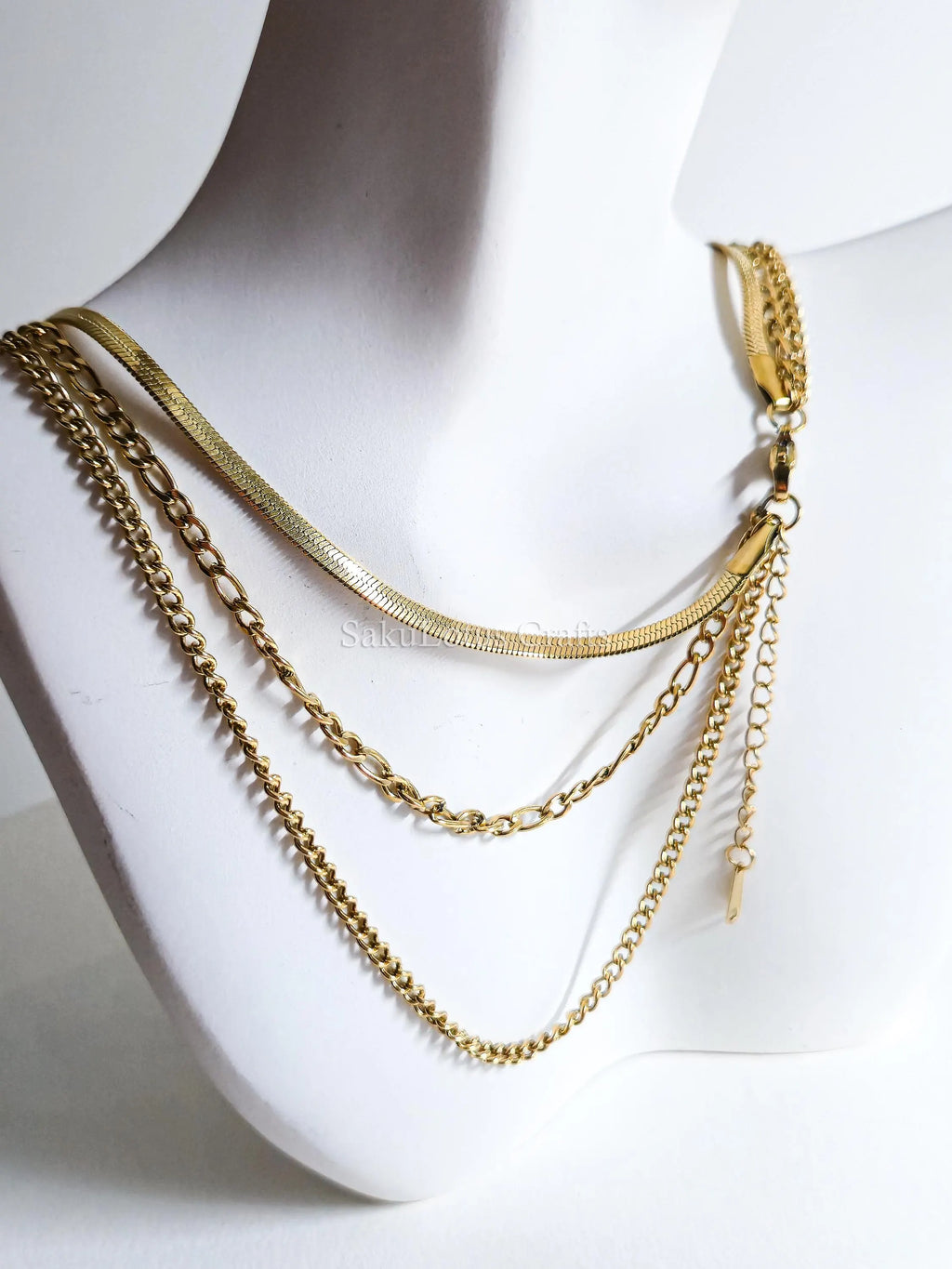 Waterproof 3 Layer Necklace • 18K Gold Stainless Steel • Herringbone Figaro Curb Triple Chain Trio • 13" 16" 18" + 2" Extender