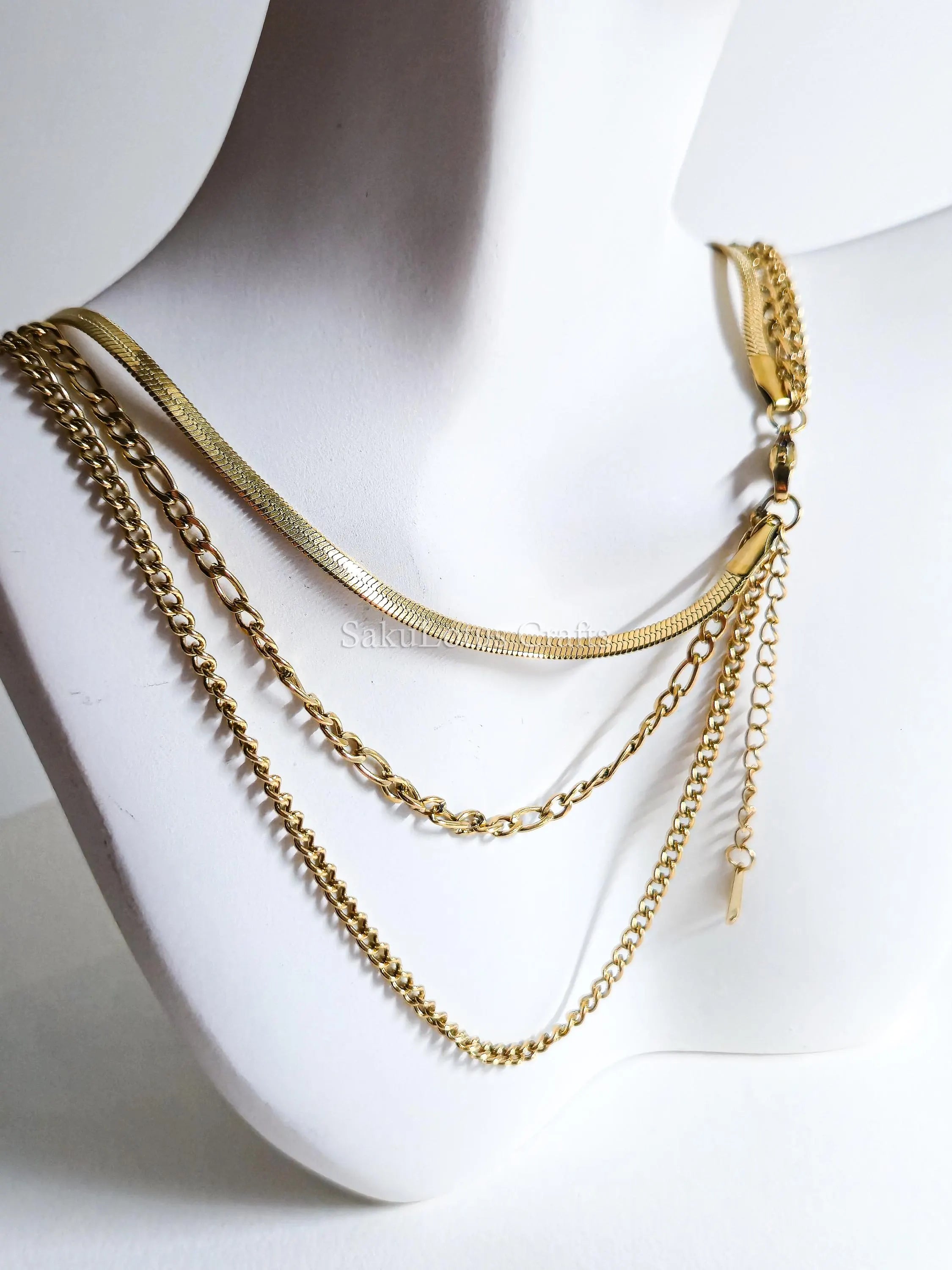 Waterproof 3 Layer Necklace • 18K Gold Stainless Steel • Herringbone Figaro Curb Triple Chain Trio • 13" 16" 18" + 2" Extender
