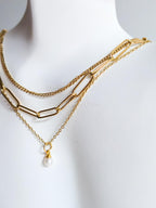 3 Layer 18K Gold Stainless Steel Necklace or Bracelet Set • Paper Clip Curb & Cable Chain • White Freshwater Pearl Jewelry