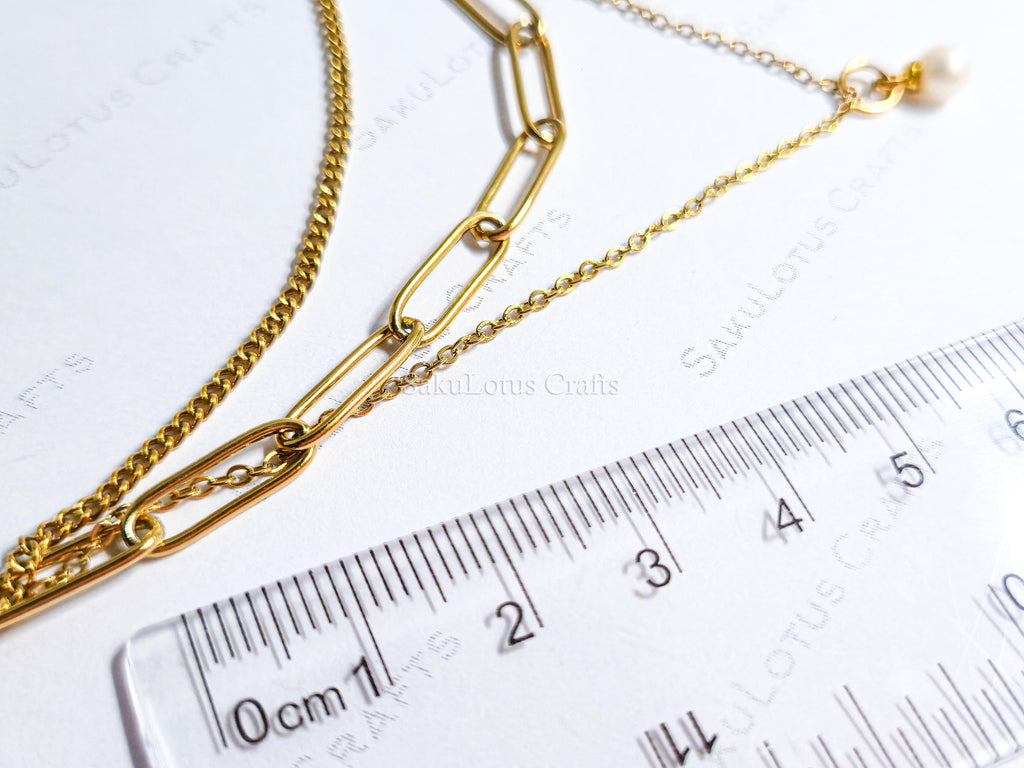 3 Layer 18K Gold Stainless Steel Necklace or Bracelet Set • Paper Clip Curb & Cable Chain • White Freshwater Pearl Jewelry