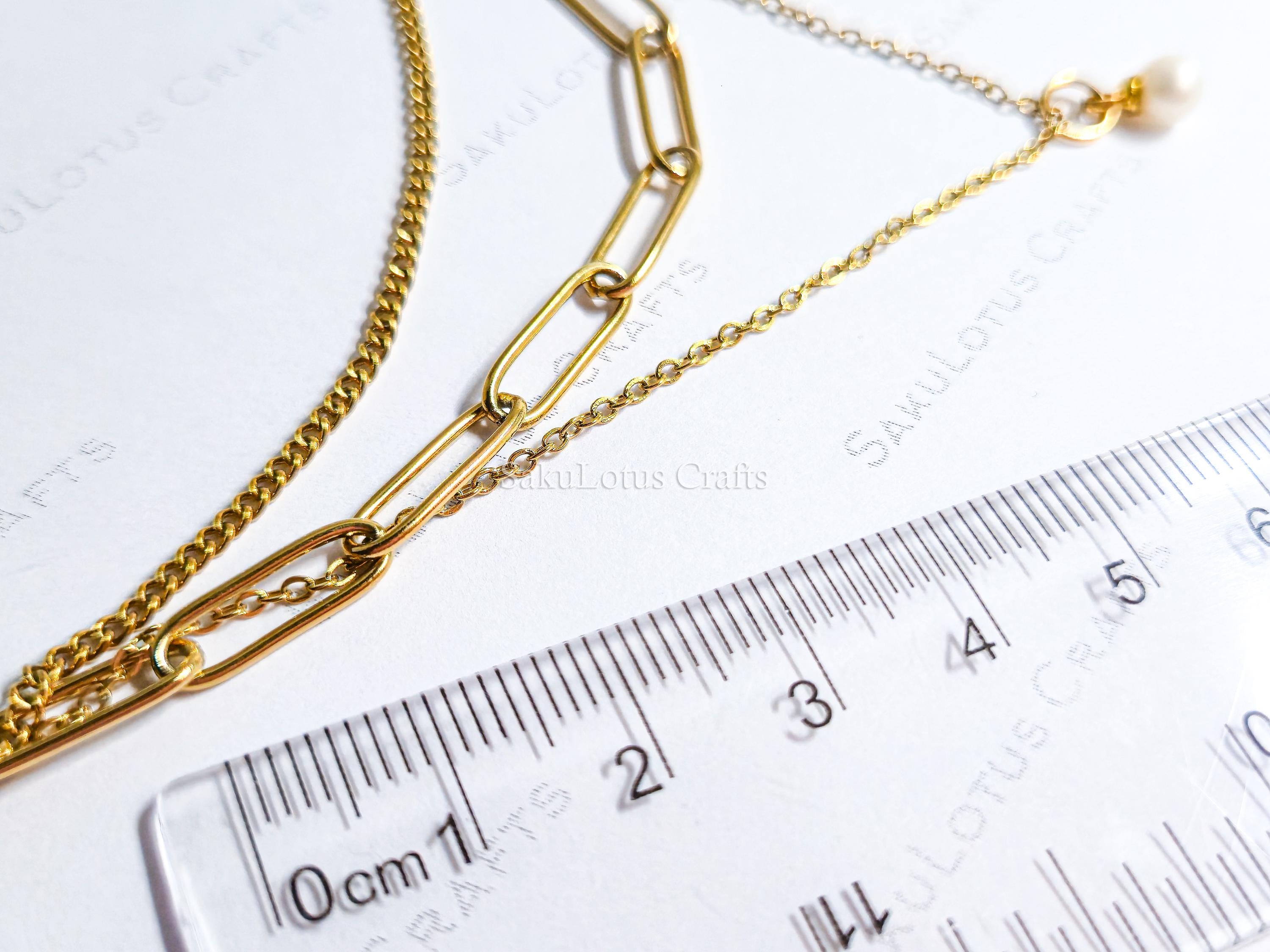 3 Layer 18K Gold Stainless Steel Necklace or Bracelet Set • Paper Clip Curb & Cable Chain • White Freshwater Pearl Jewelry