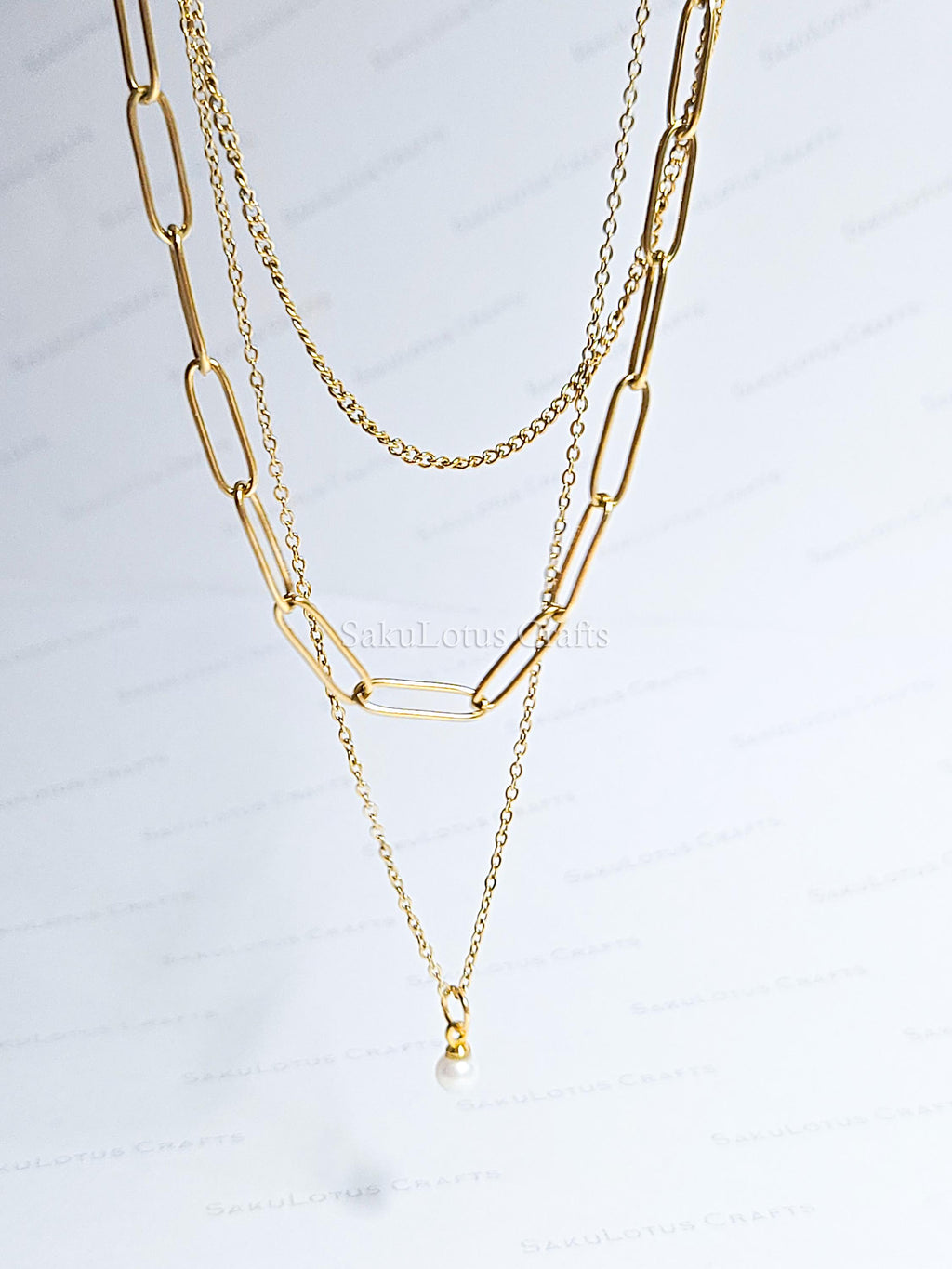 3 Layer 18K Gold Stainless Steel Necklace or Bracelet Set • Paper Clip Curb & Cable Chain • White Freshwater Pearl Jewelry