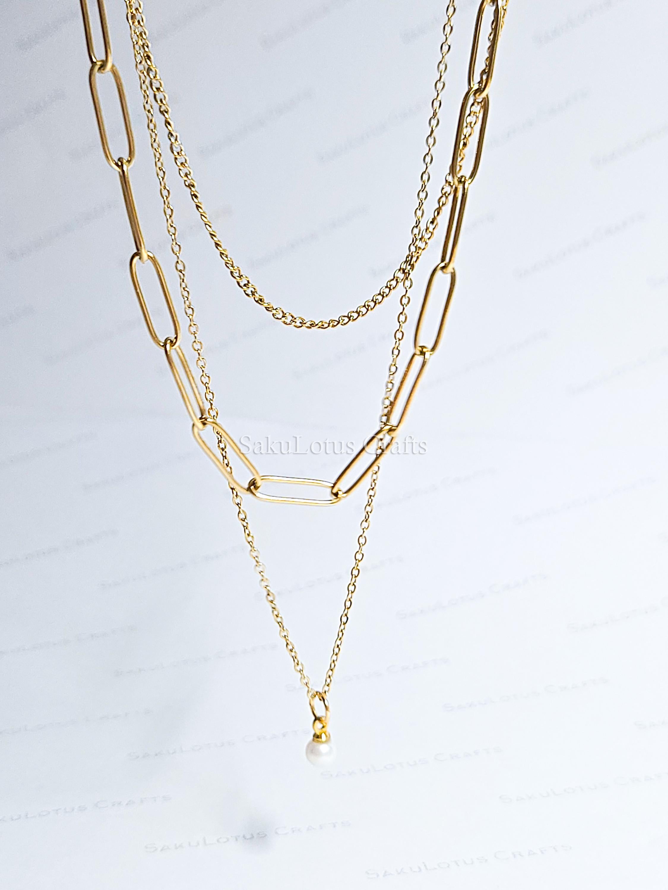 3 Layer 18K Gold Stainless Steel Necklace or Bracelet Set • Paper Clip Curb & Cable Chain • White Freshwater Pearl Jewelry
