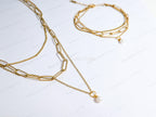 3 Layer 18K Gold Stainless Steel Necklace or Bracelet Set • Paper Clip Curb & Cable Chain • White Freshwater Pearl Jewelry