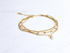 3 Layer 18K Gold Stainless Steel Necklace or Bracelet Set • Paper Clip Curb & Cable Chain • White Freshwater Pearl Jewelry