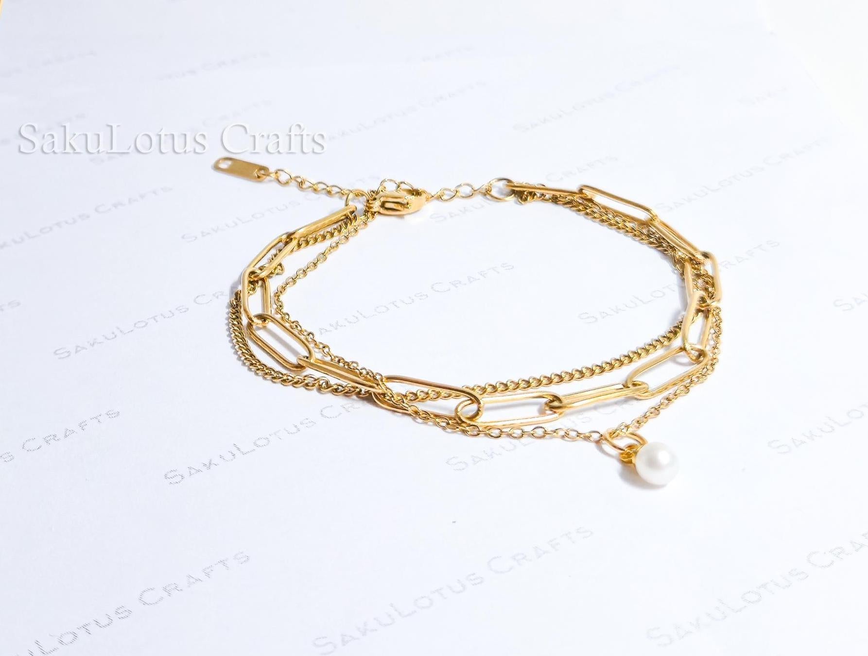 3 Layer 18K Gold Stainless Steel Necklace or Bracelet Set • Paper Clip Curb & Cable Chain • White Freshwater Pearl Jewelry