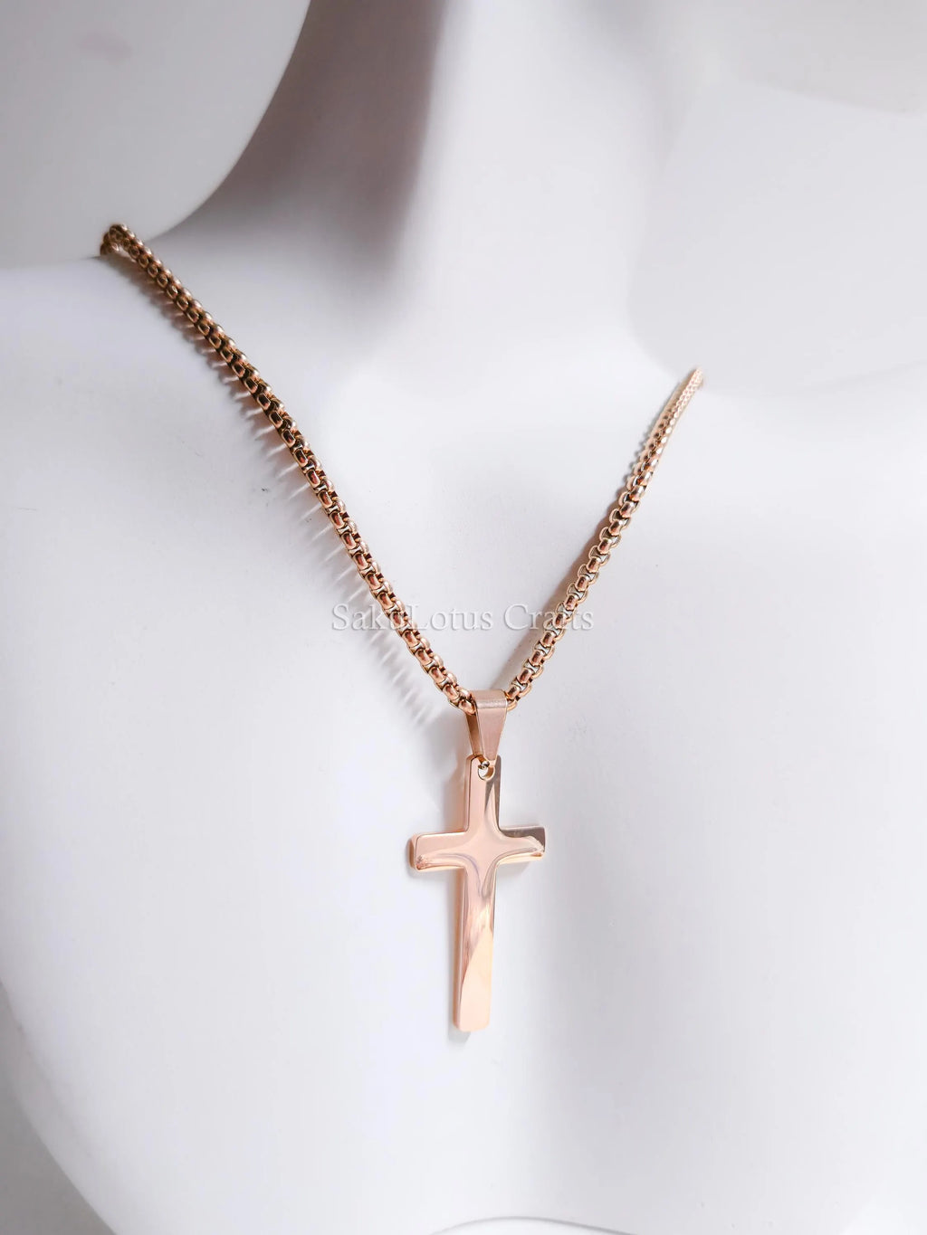 18K Gold Rose Gold Silver Cross Necklace • 23" Rollo Chain • Stainless Steel PVD Plated Jewelry