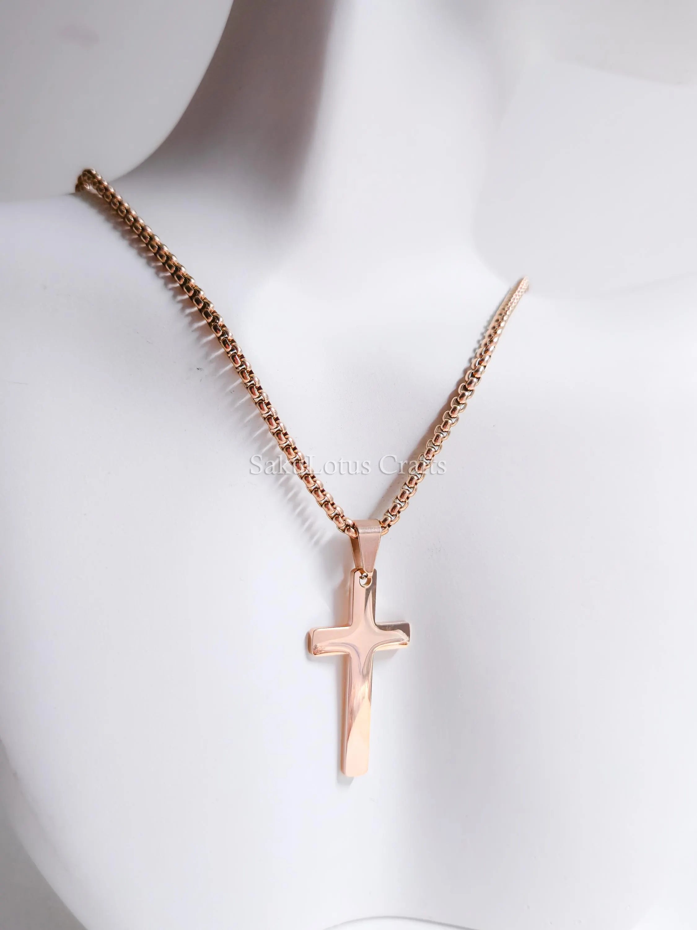 18K Gold Rose Gold Silver Cross Necklace • 23" Rollo Chain • Stainless Steel PVD Plated Jewelry