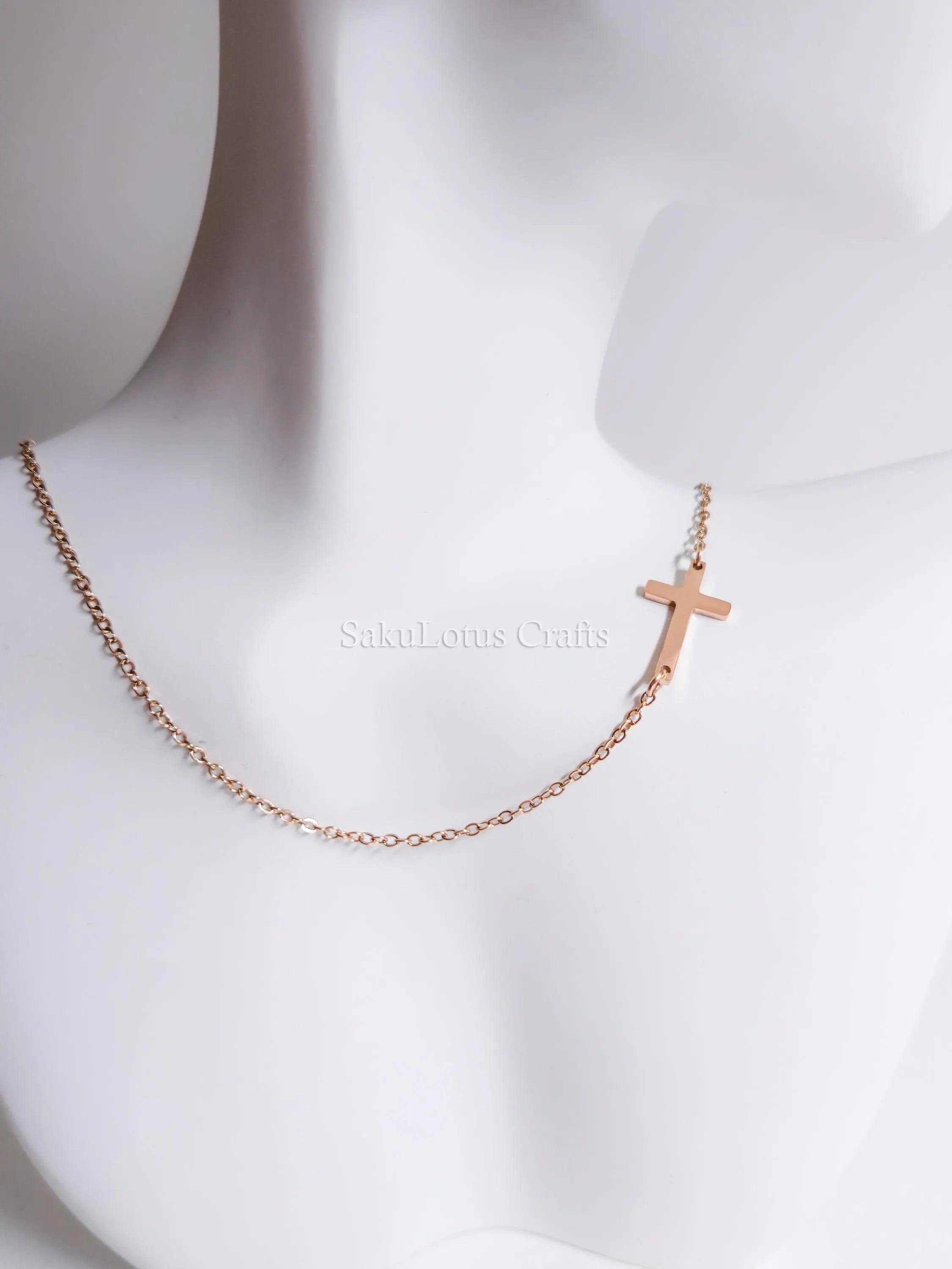Sideways Cross Necklace • 18K Gold Rose Gold or Silver Stainless Steel • 18" Flat Cable Chain • Minimal Gift Jewelry