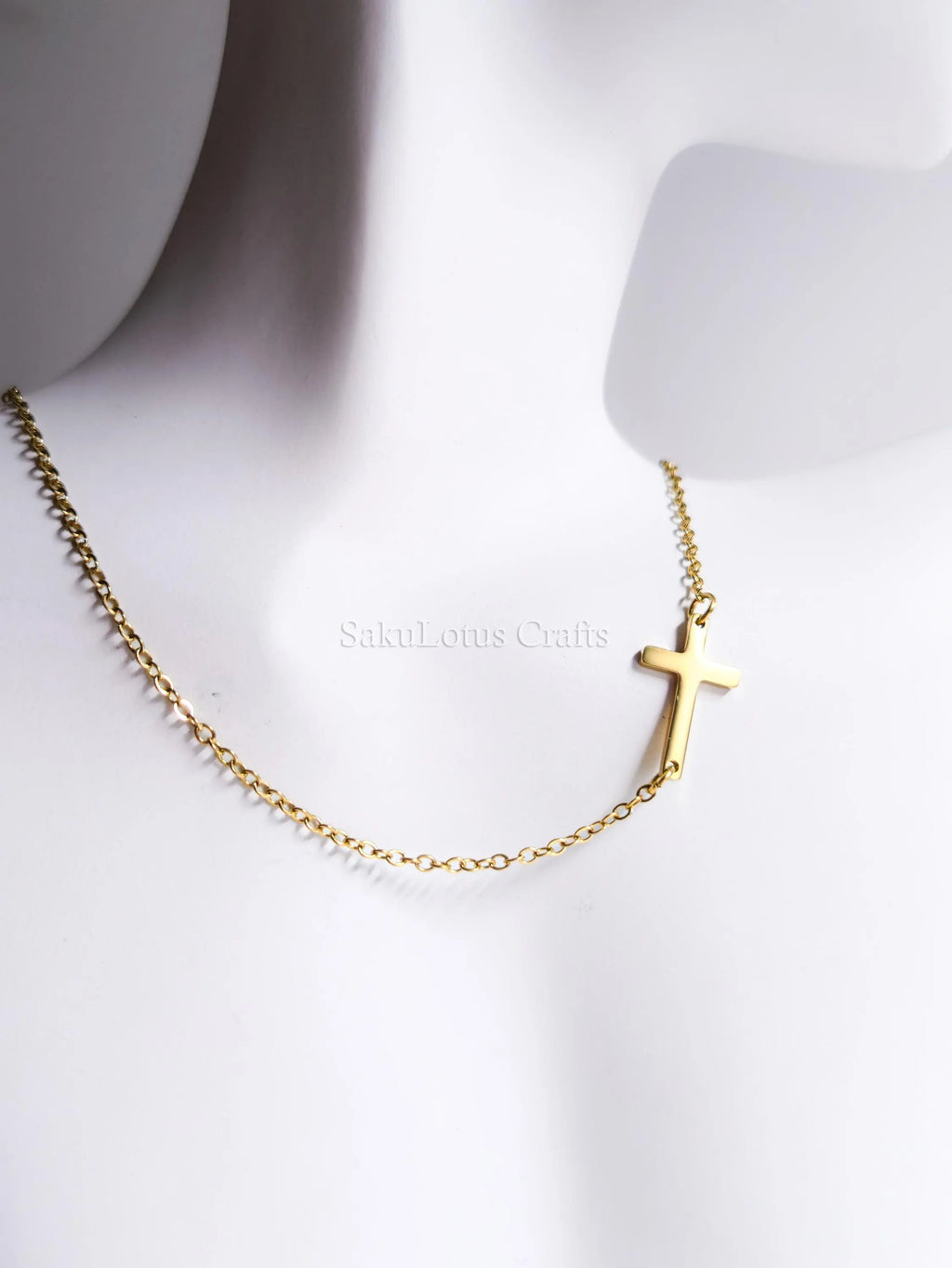 Sideways Cross Necklace • 18K Gold Rose Gold or Silver Stainless Steel • 18" Flat Cable Chain • Minimal Gift Jewelry