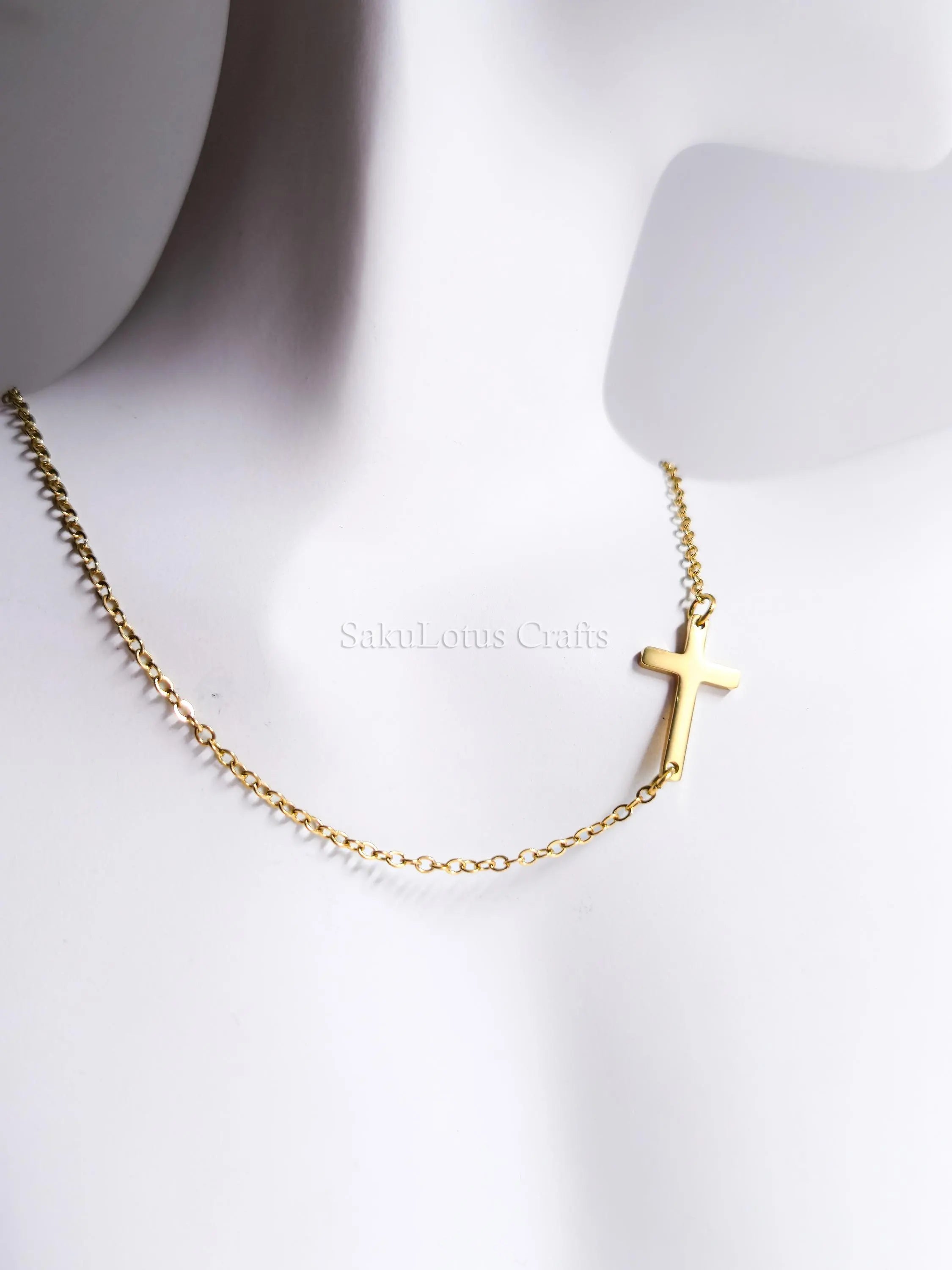 Sideways Cross Necklace • 18K Gold Rose Gold or Silver Stainless Steel • 18" Flat Cable Chain • Minimal Gift Jewelry