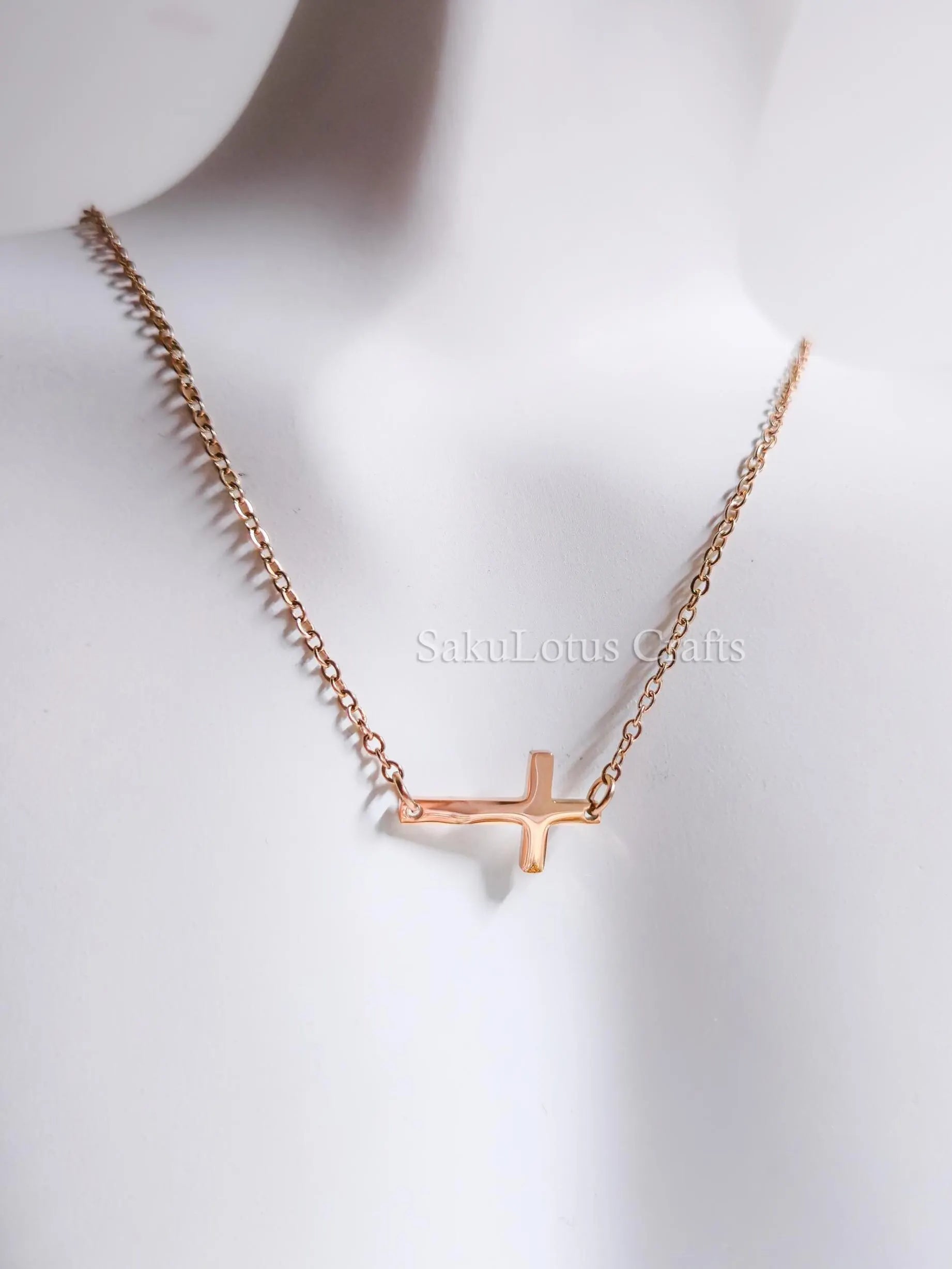 Sideways Cross Necklace • 18K Gold Rose Gold or Silver Stainless Steel • 18" Flat Cable Chain • Minimal Gift Jewelry