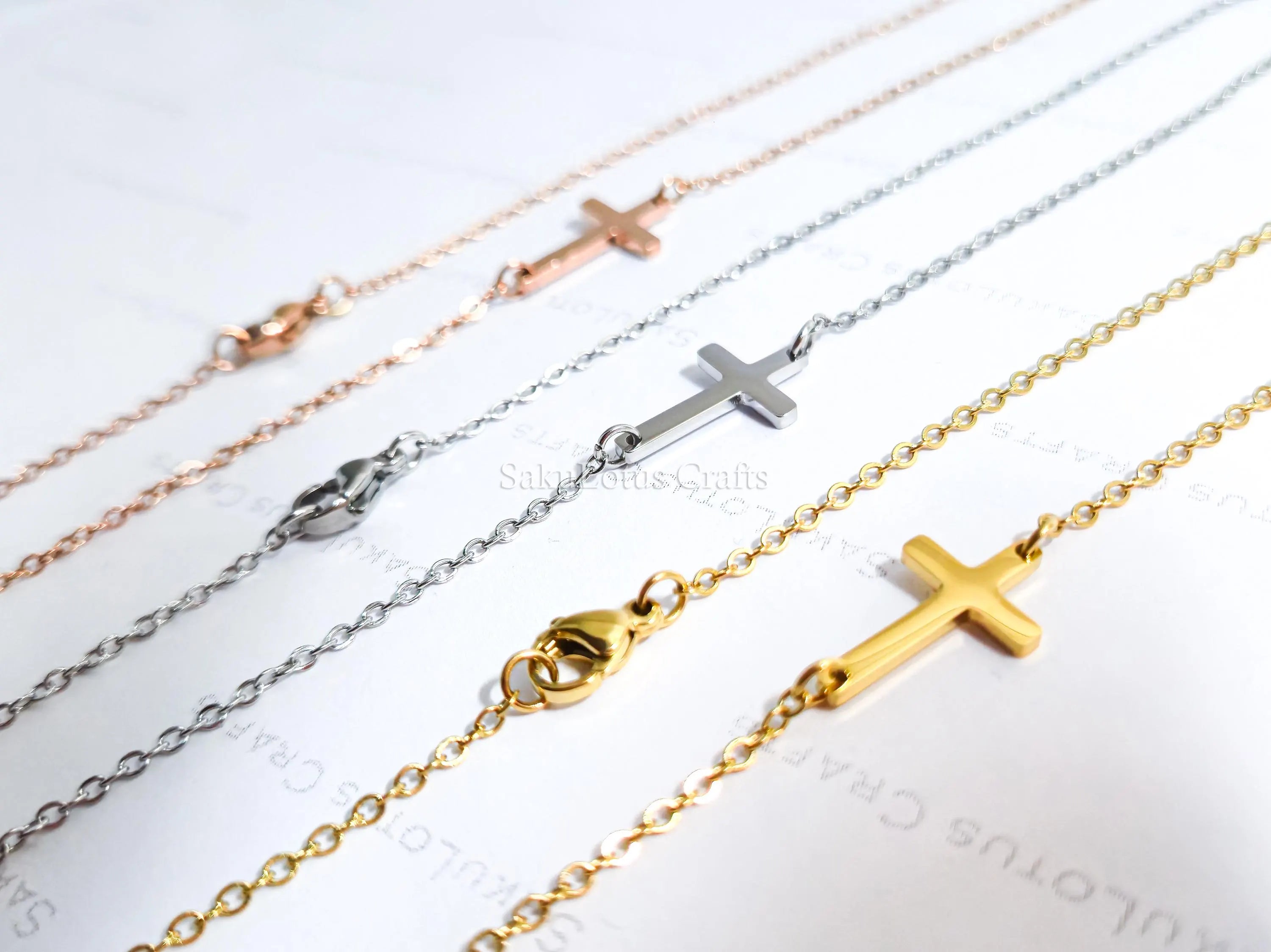 Sideways Cross Necklace • 18K Gold Rose Gold or Silver Stainless Steel • 18" Flat Cable Chain • Minimal Gift Jewelry