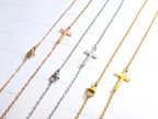 Sideways Cross Necklace • 18K Gold Rose Gold or Silver Stainless Steel • 18" Flat Cable Chain • Minimal Gift Jewelry