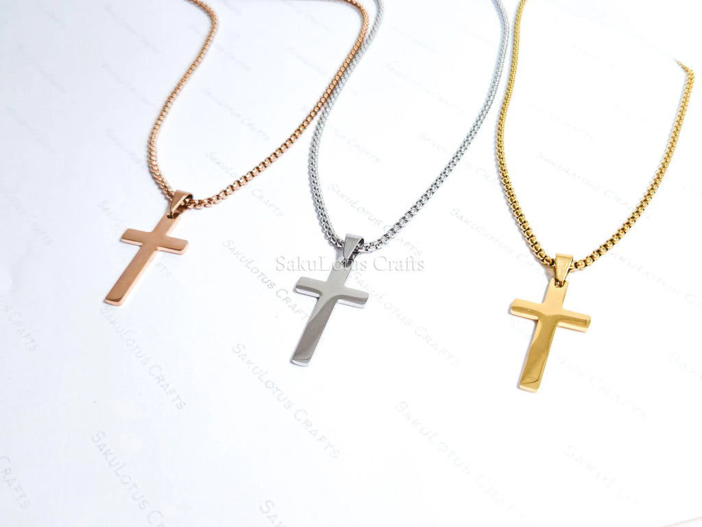 18K Gold Rose Gold Silver Cross Necklace • 23" Rollo Chain • Stainless Steel PVD Plated Jewelry