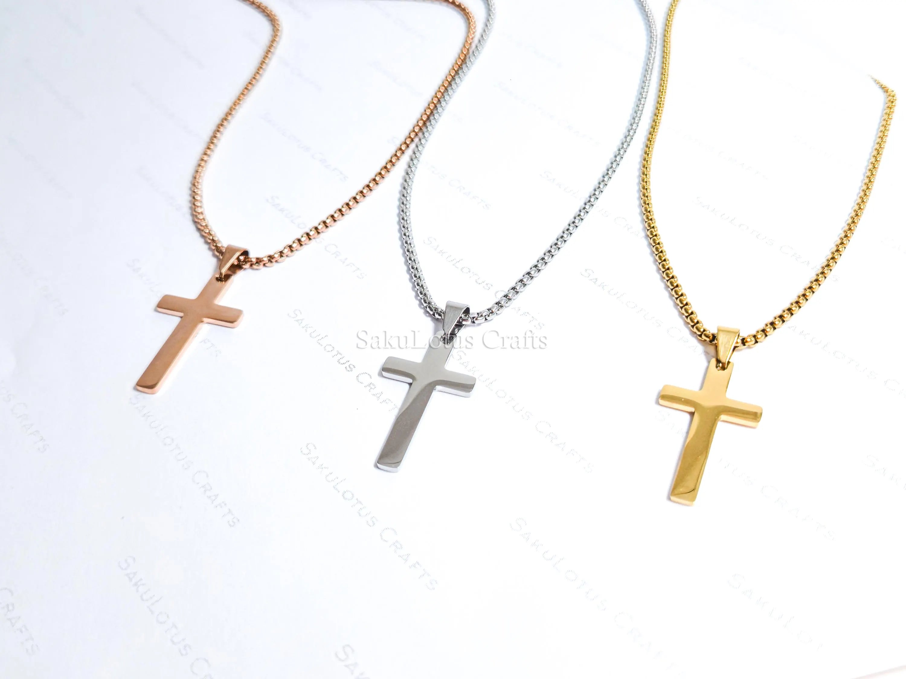 18K Gold Rose Gold Silver Cross Necklace • 23" Rollo Chain • Stainless Steel PVD Plated Jewelry