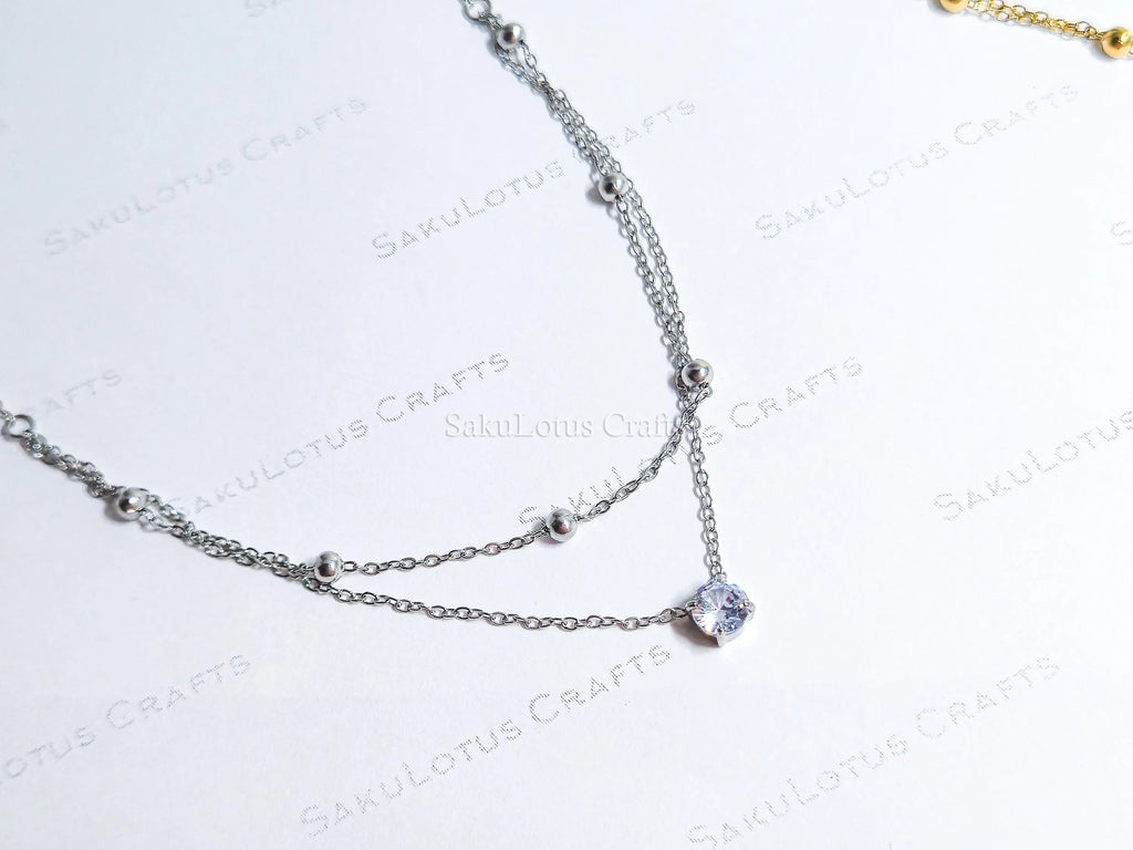Dainty Satellite Necklace • Double Front Chain • 18K Gold or Silver Stainless Steel • CZ Crystal Necklace