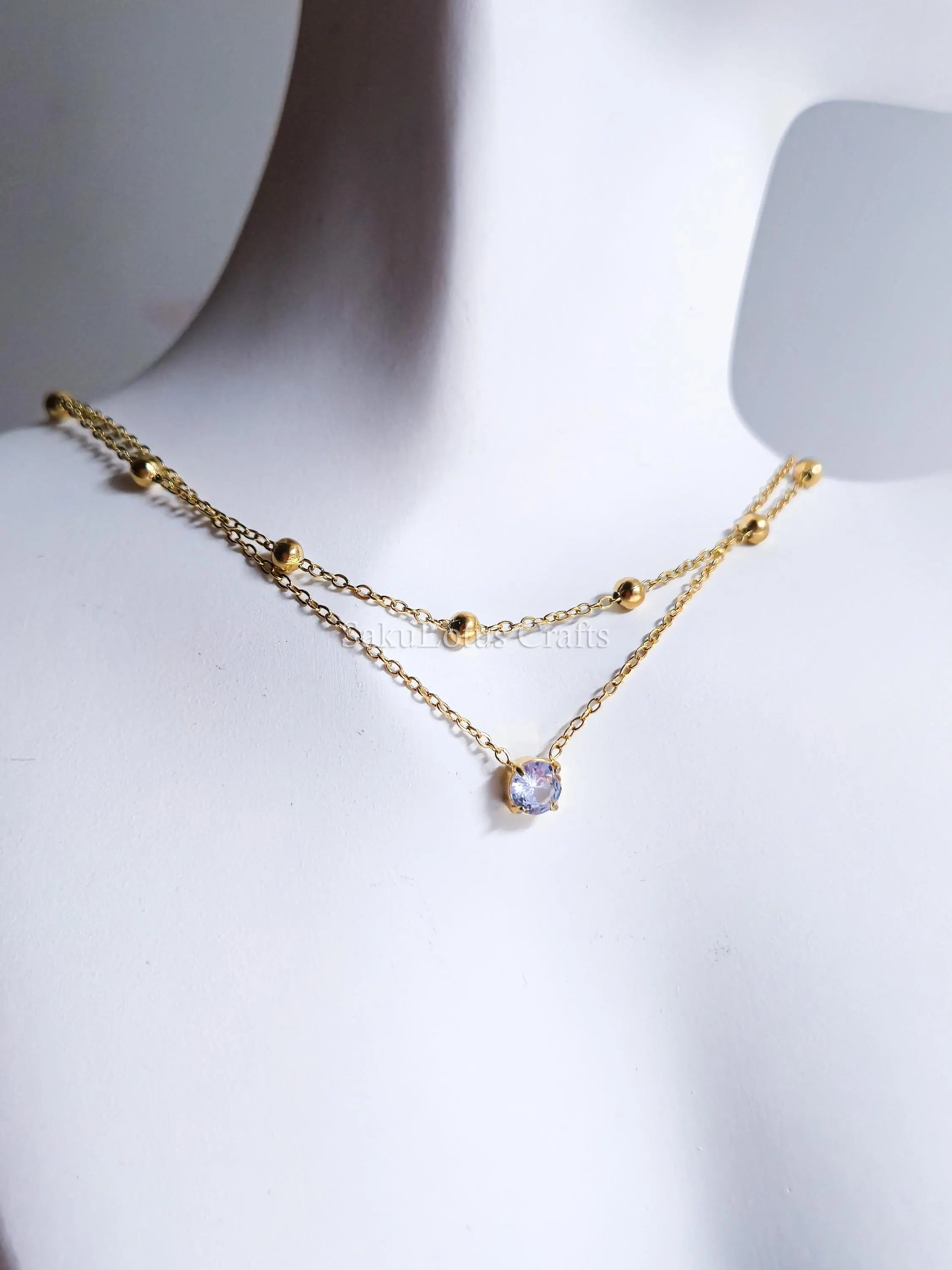 Dainty Satellite Necklace • Double Front Chain • 18K Gold or Silver Stainless Steel • CZ Crystal Necklace