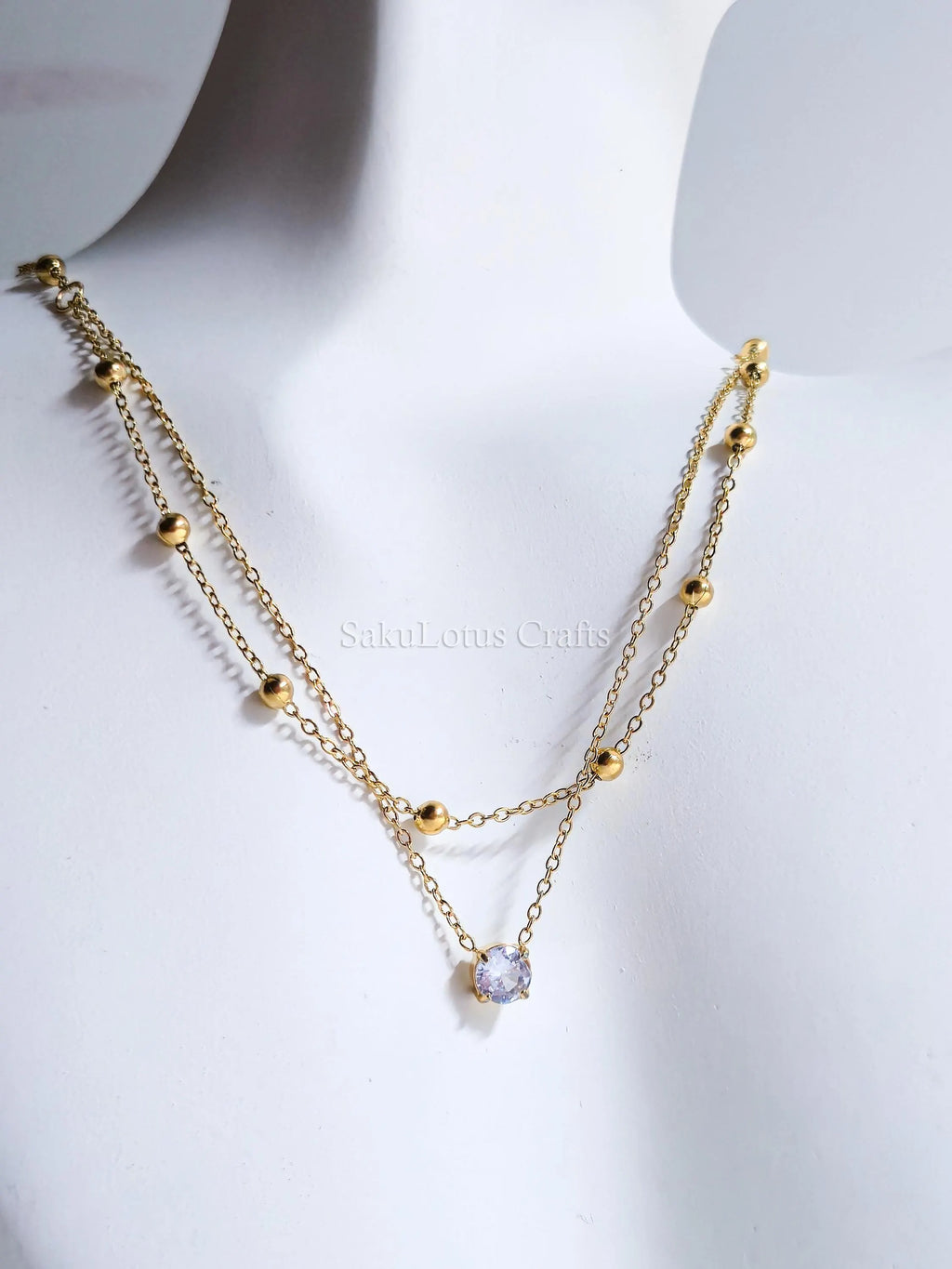 Dainty Satellite Necklace • Double Front Chain • 18K Gold or Silver Stainless Steel • CZ Crystal Necklace