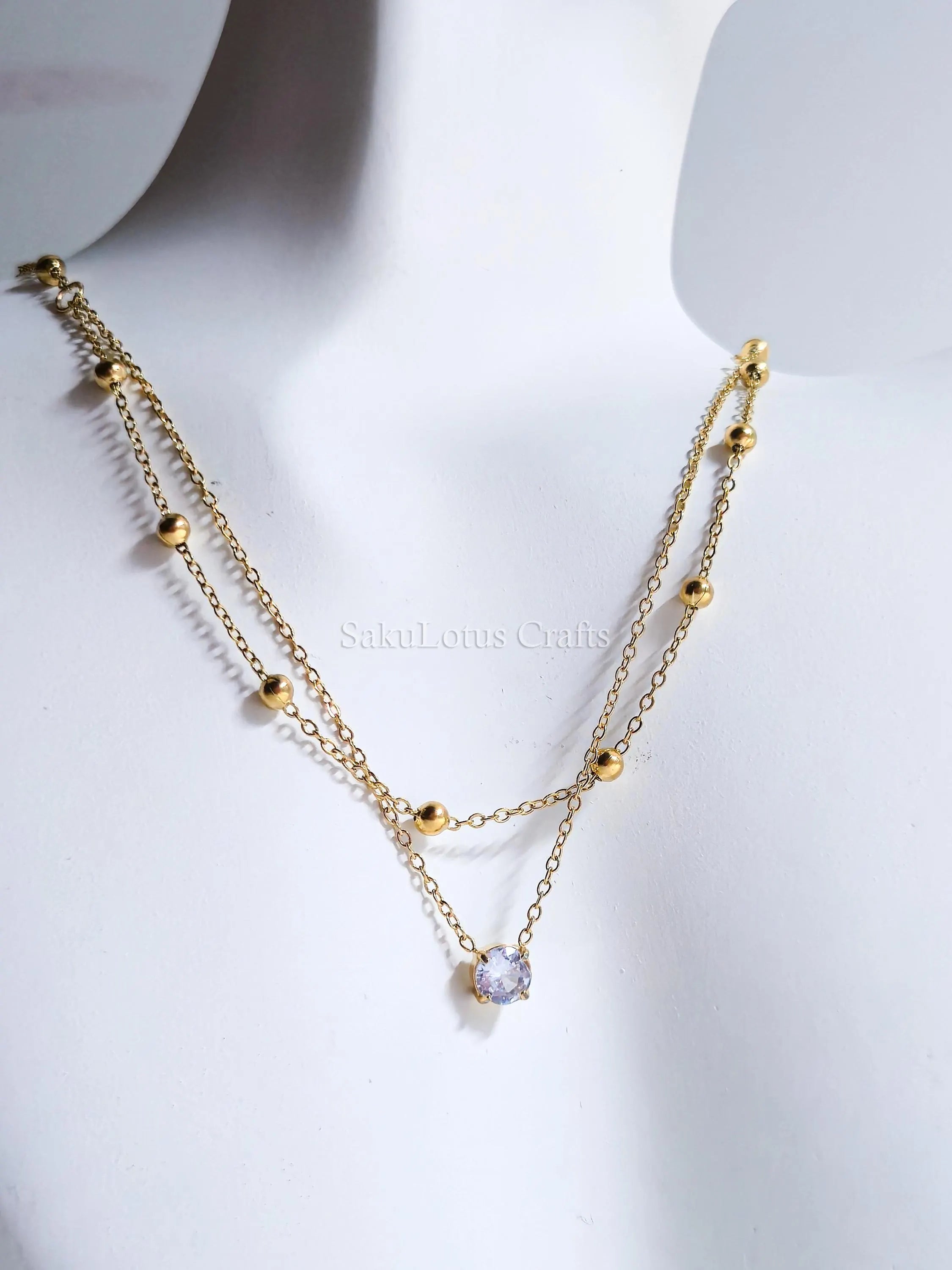 Dainty Satellite Necklace • Double Front Chain • 18K Gold or Silver Stainless Steel • CZ Crystal Necklace