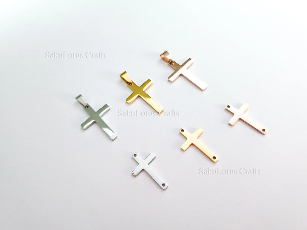 High Polish Cross Pendant Charm • Stainless Steel Gold Silver Rose Gold • Bail or Drill Hole • Jewelry Making Supplies