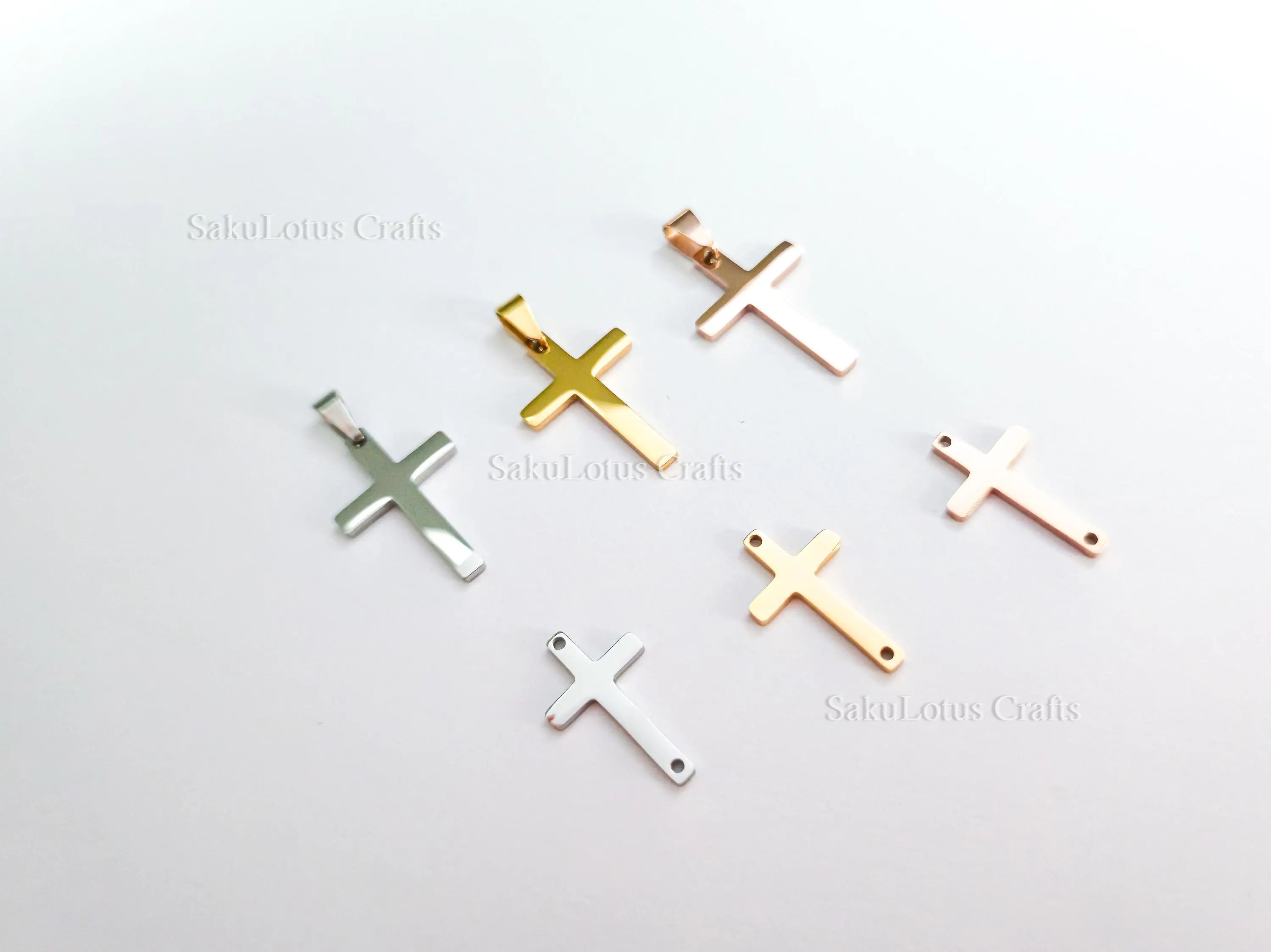 High Polish Cross Pendant Charm • Stainless Steel Gold Silver Rose Gold • Bail or Drill Hole • Jewelry Making Supplies