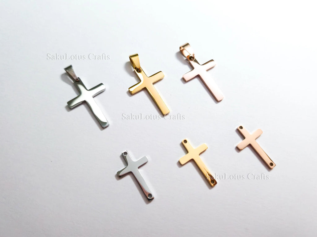 High Polish Cross Pendant Charm • Stainless Steel Gold Silver Rose Gold • Bail or Drill Hole • Jewelry Making Supplies
