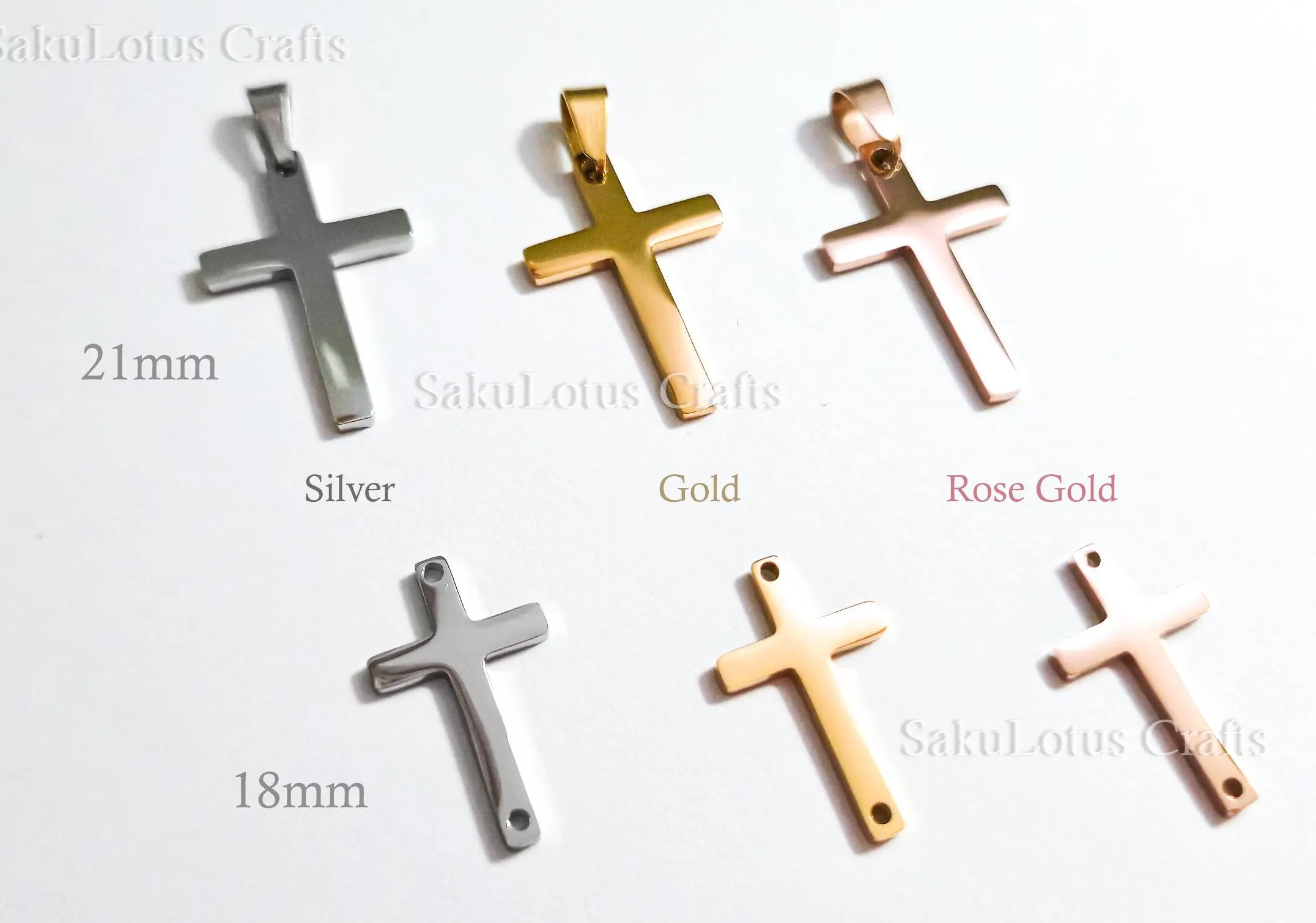 High Polish Cross Pendant Charm • Stainless Steel Gold Silver Rose Gold • Bail or Drill Hole • Jewelry Making Supplies