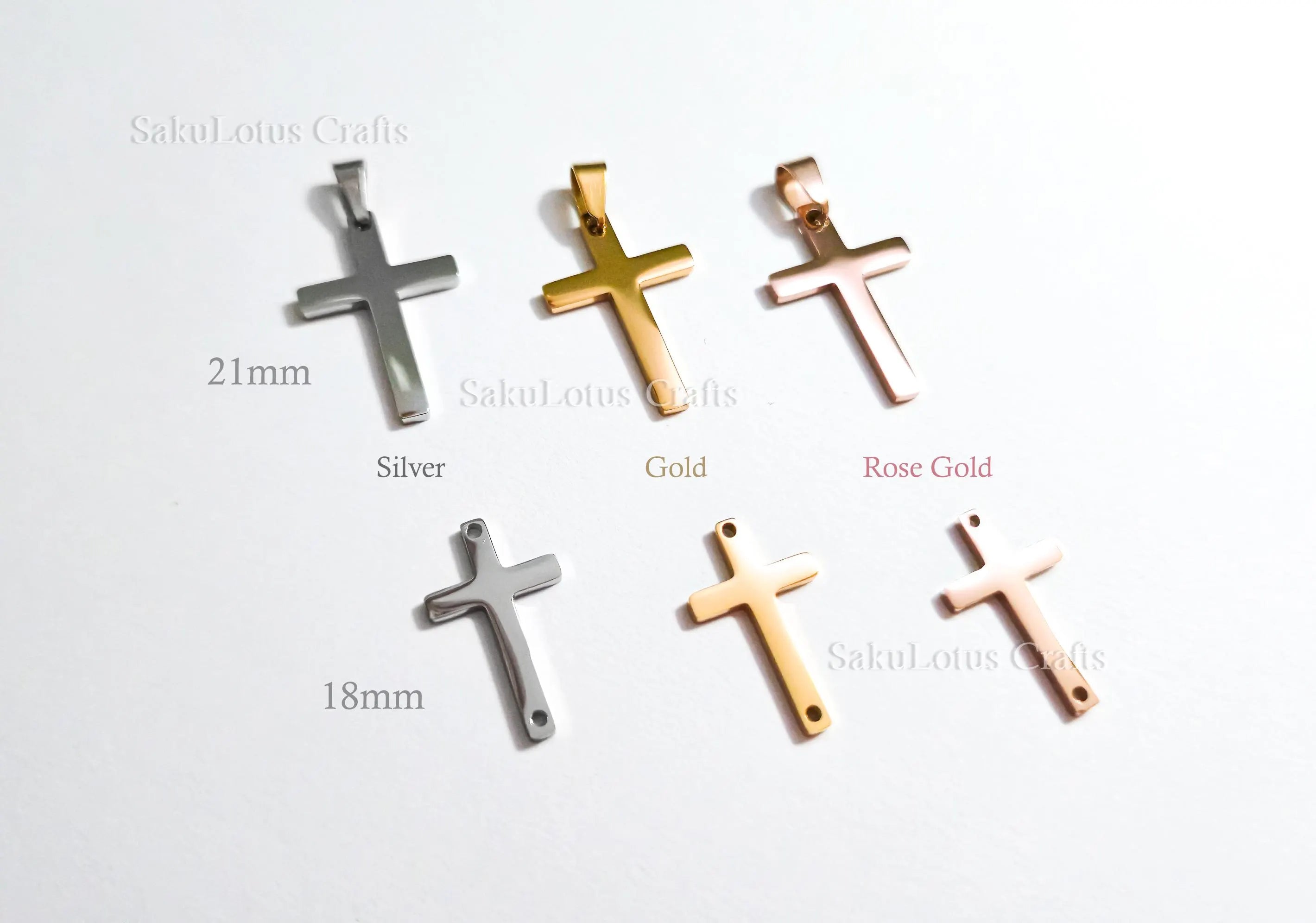High Polish Cross Pendant Charm • Stainless Steel Gold Silver Rose Gold • Bail or Drill Hole • Jewelry Making Supplies