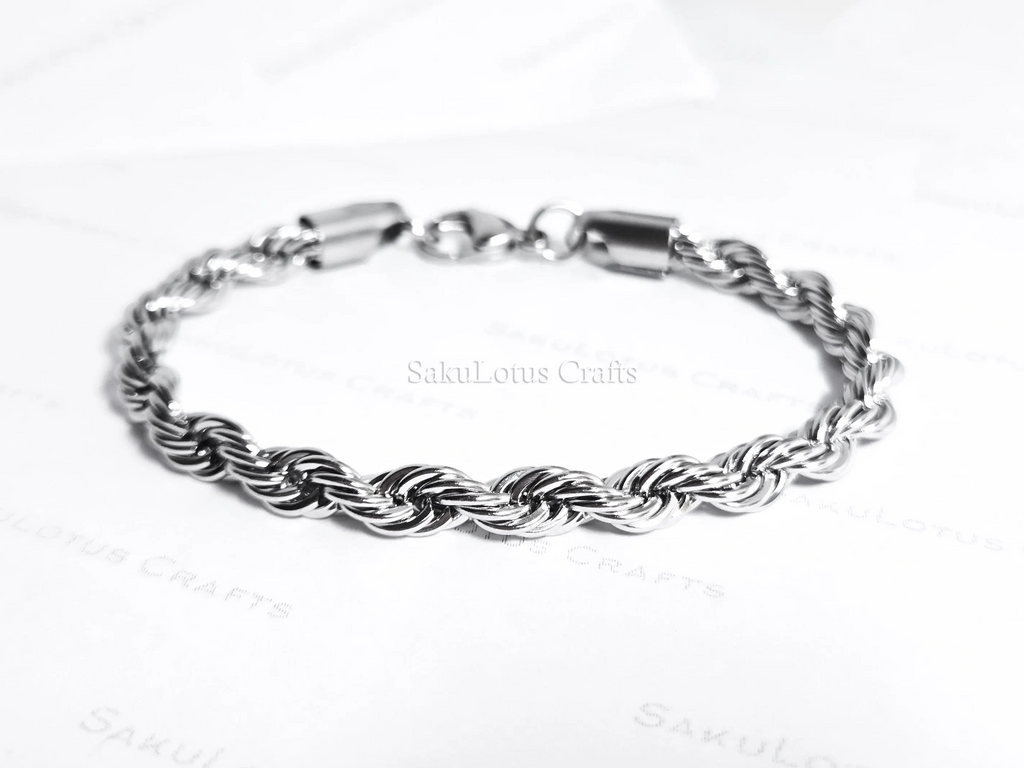 18K Gold PVD & Silver Stainless Steel Rope Bracelet • 8" Twisted Chain • 3mm 4mm 5mm 6mm • Lobster Clasp • Waterproof Unisex Jewelry