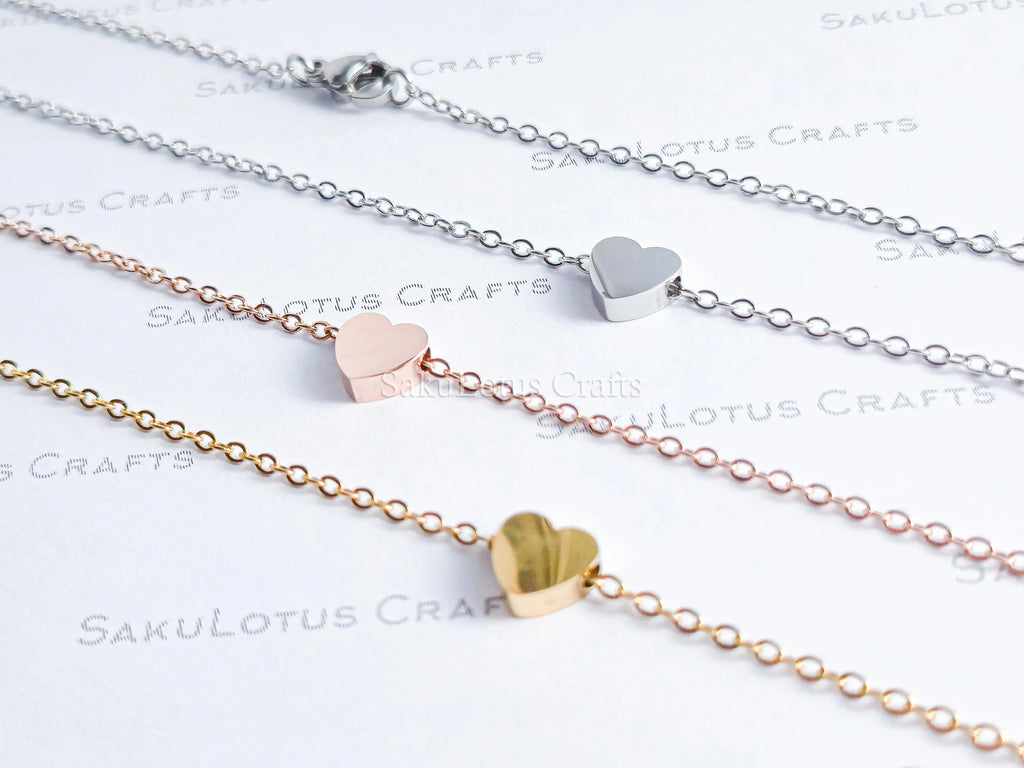 Heart Chain Bracelet or Necklace • Gold Silver Rose Stainless Steel • 3D Puffed Heart • Adjustable Length
