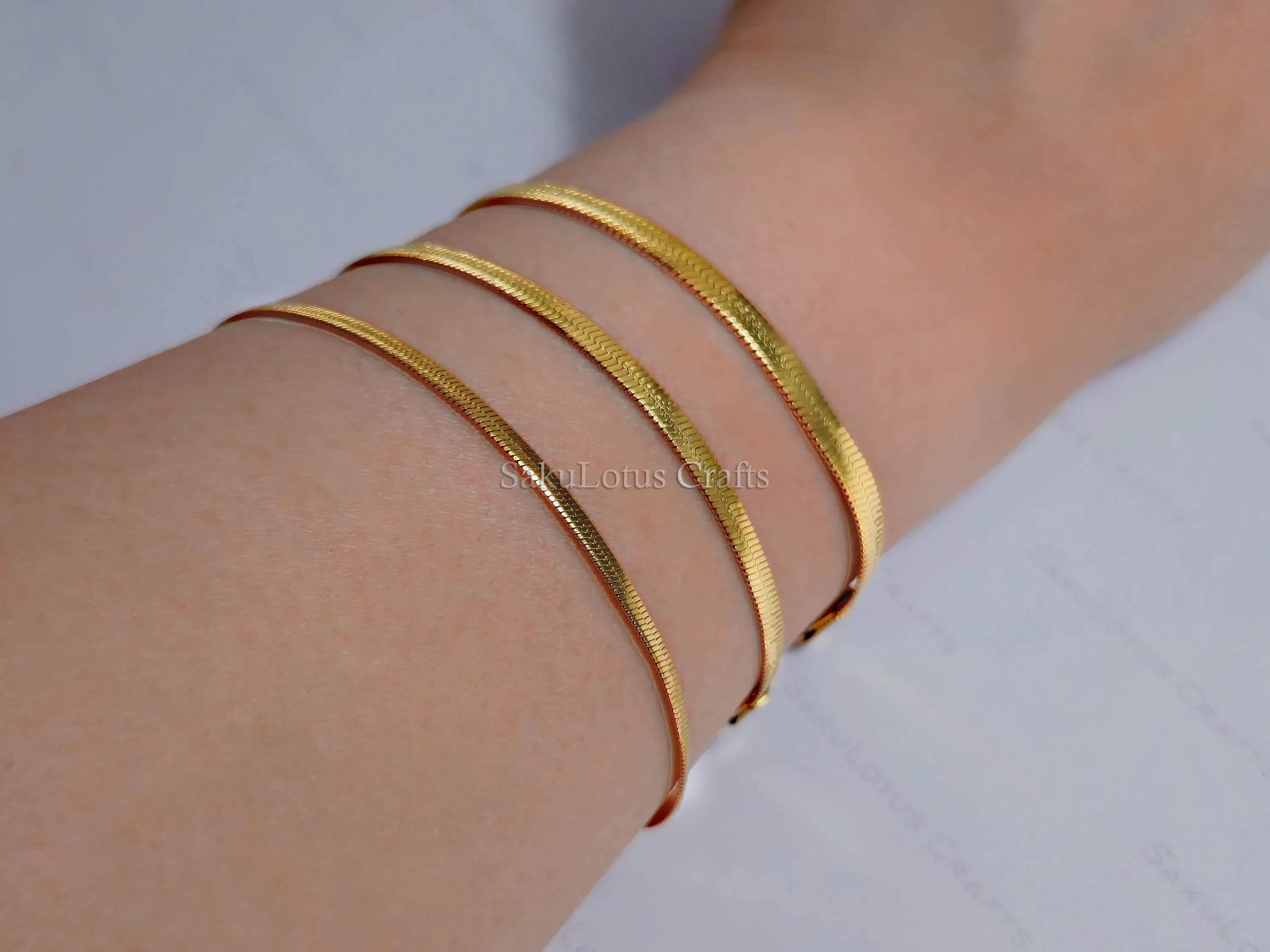 Herringbone Bracelet • 18K Gold PVD or Silver Stainless Steel • 2.5mm 3.3mm 4mm • 6.25" + 1.5" Extender