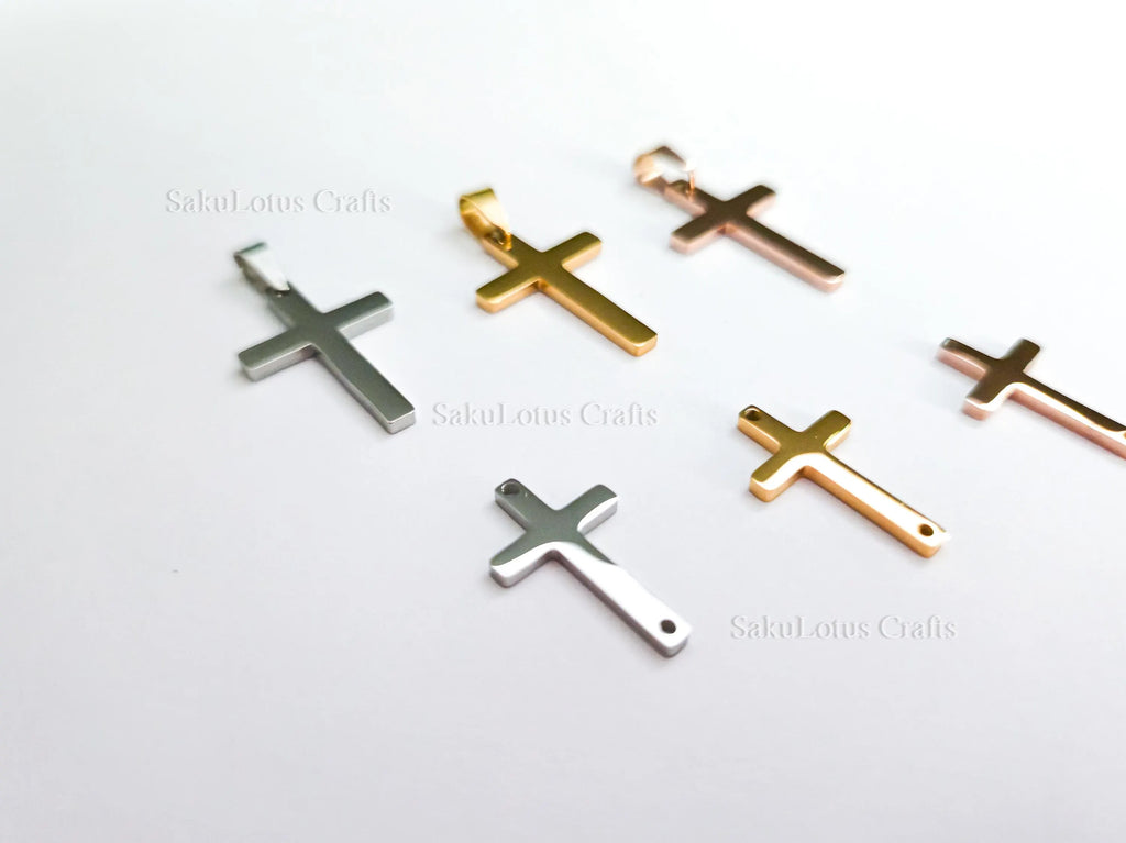 High Polish Cross Pendant Charm • Stainless Steel Gold Silver Rose Gold • Bail or Drill Hole • Jewelry Making Supplies