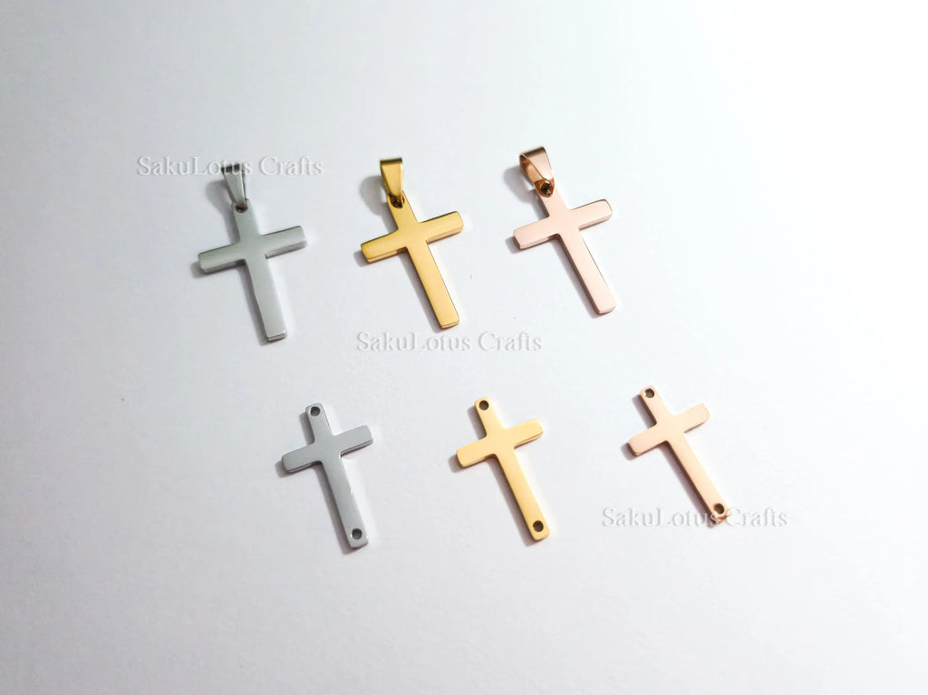 High Polish Cross Pendant Charm • Stainless Steel Gold Silver Rose Gold • Bail or Drill Hole • Jewelry Making Supplies