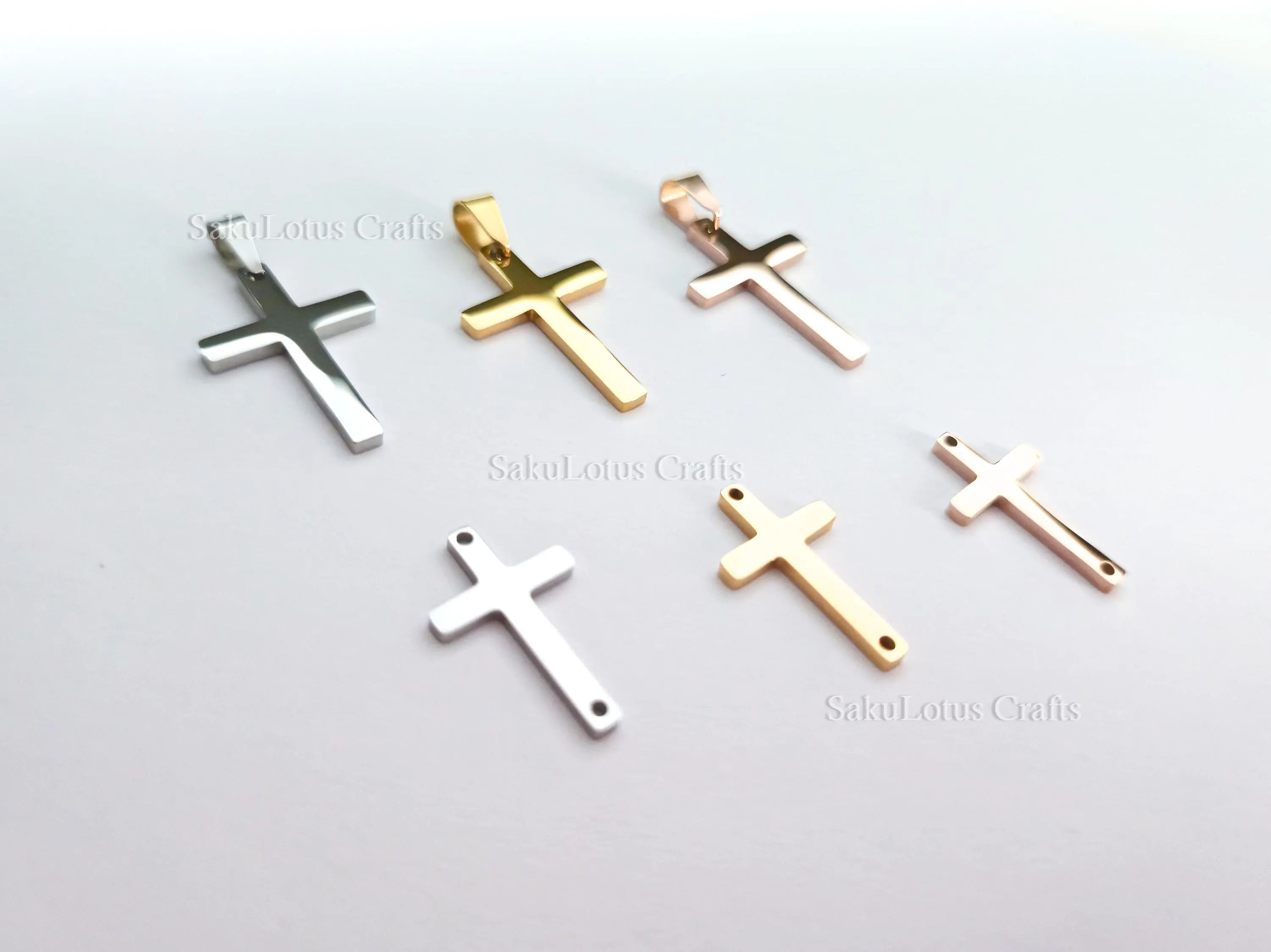 High Polish Cross Pendant Charm • Stainless Steel Gold Silver Rose Gold • Bail or Drill Hole • Jewelry Making Supplies