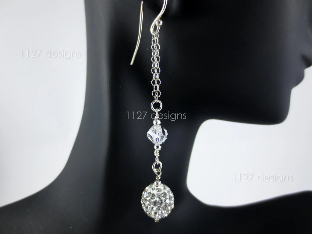 925 Sterling Silver Drop Earrings • Handmade Swarovski Crystal & Pavé Bead • 7cm Long Dangle Chain • Sparkly Modern Jewelry • 1127 Designs