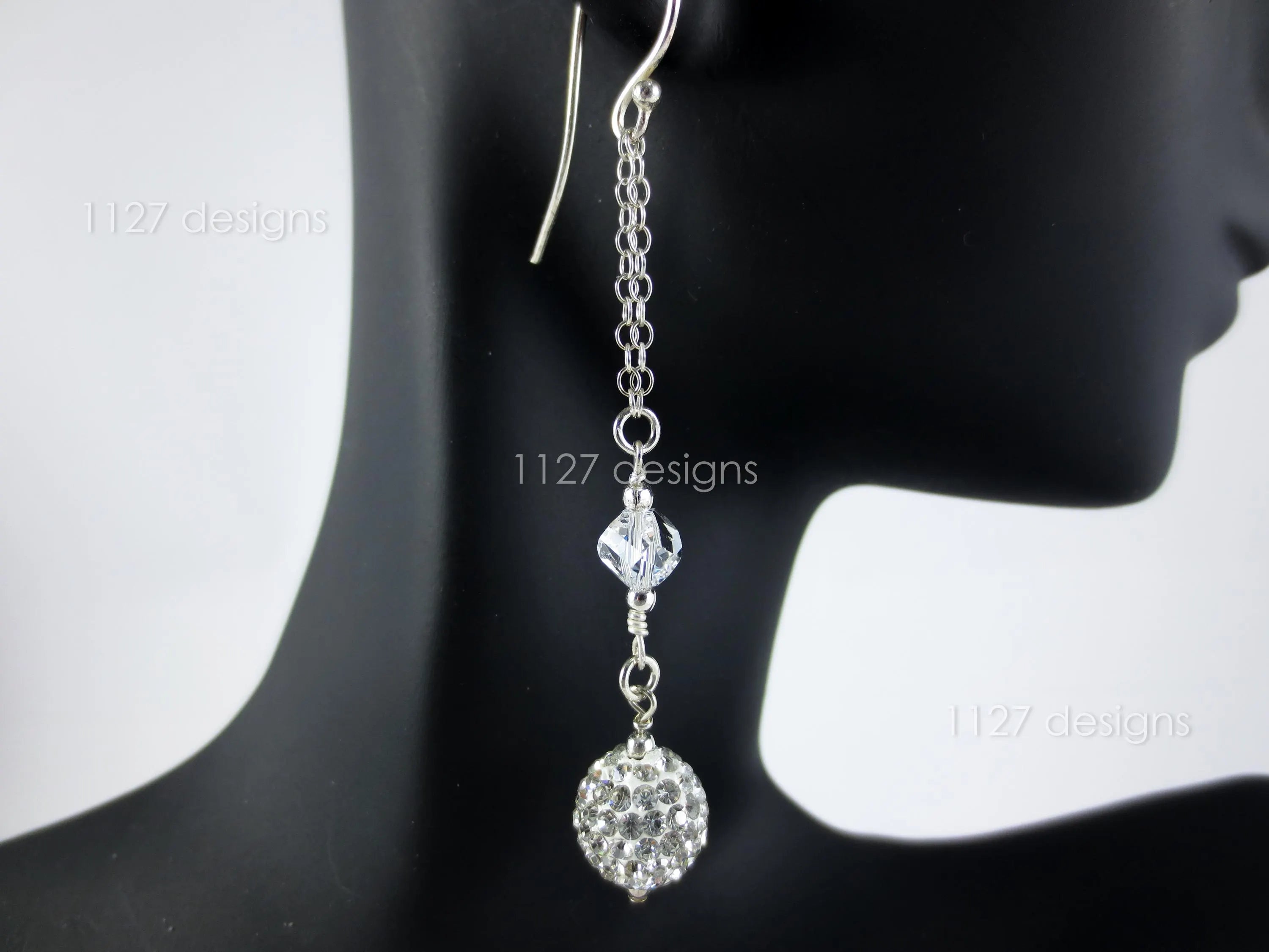 925 Sterling Silver Drop Earrings • Handmade Swarovski Crystal & Pavé Bead • 7cm Long Dangle Chain • Sparkly Modern Jewelry • 1127 Designs