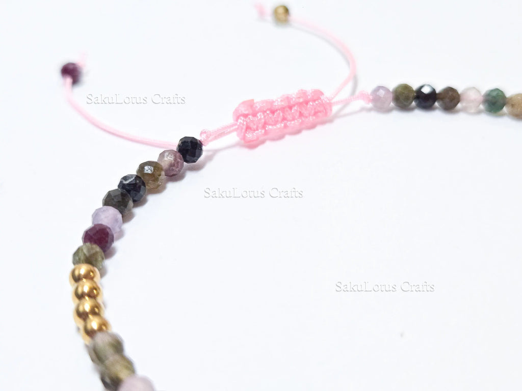 Faceted Multi-Color Tourmaline Bracelet • 3.3mm Beads • Adjustable Sliding Knot • 18K Gold Plated • Dainty Minimal Style