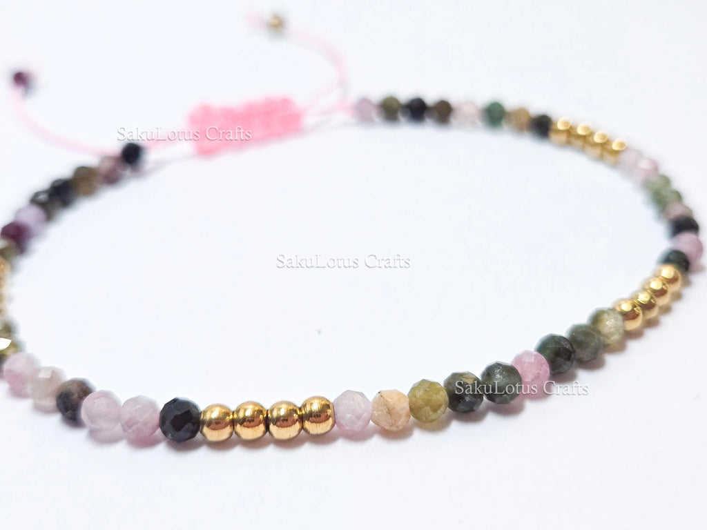 Faceted Multi-Color Tourmaline Bracelet • 3.3mm Beads • Adjustable Sliding Knot • 18K Gold Plated • Dainty Minimal Style