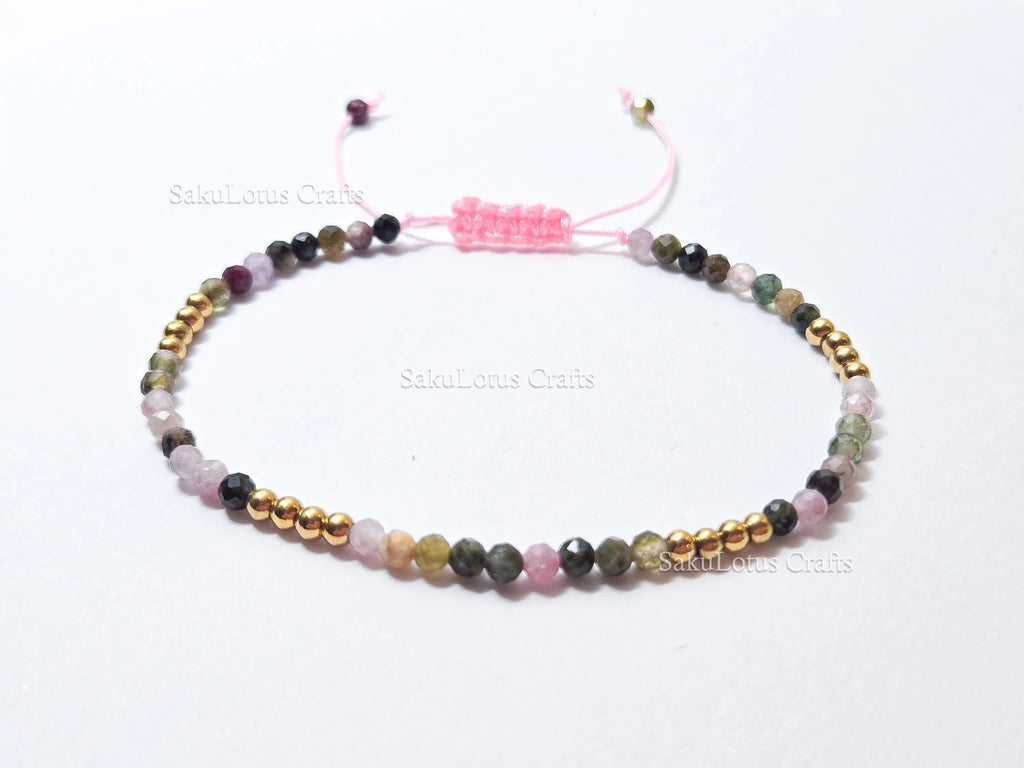 Faceted Multi-Color Tourmaline Bracelet • 3.3mm Beads • Adjustable Sliding Knot • 18K Gold Plated • Dainty Minimal Style