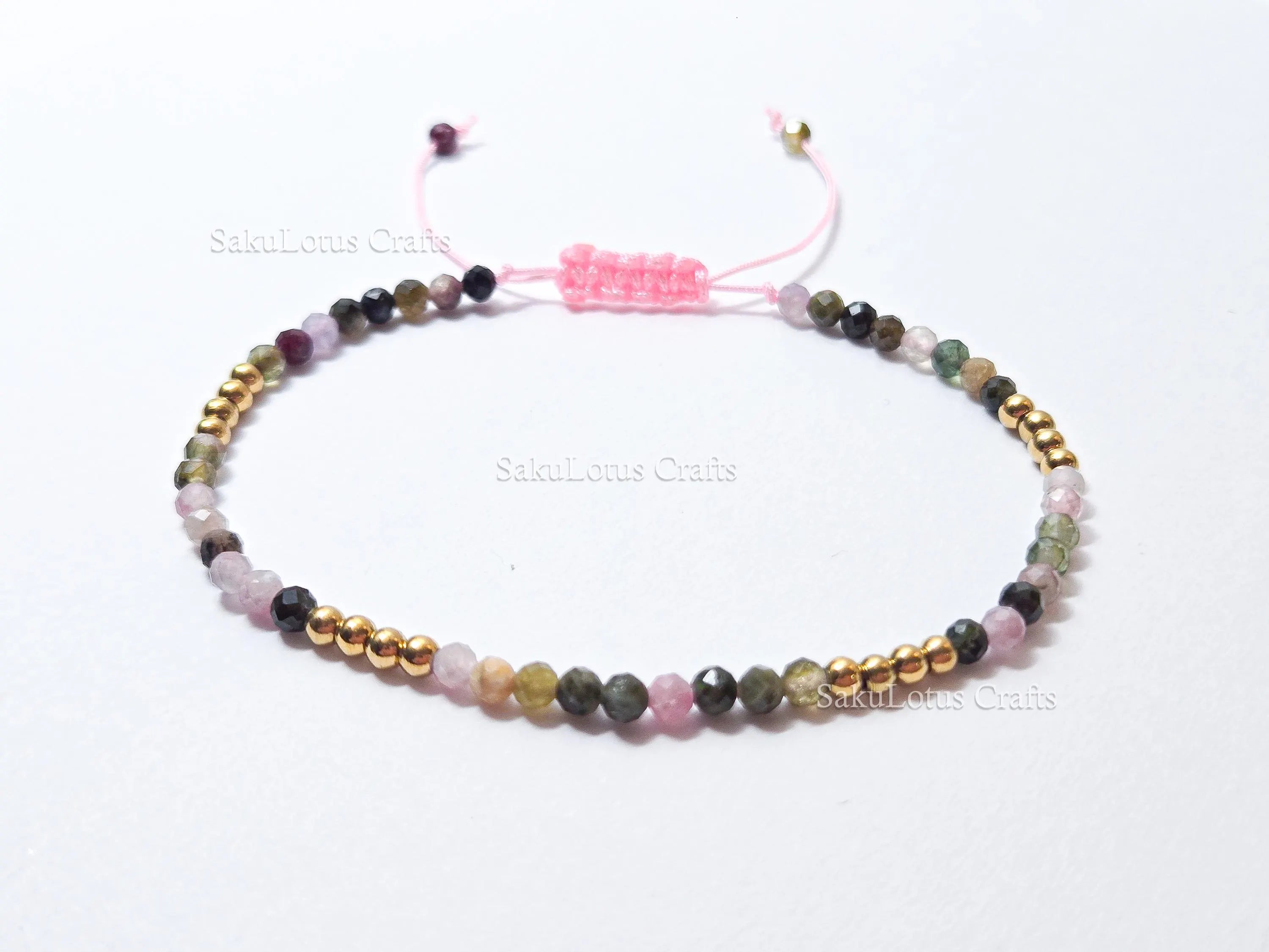 Faceted Multi-Color Tourmaline Bracelet • 3.3mm Beads • Adjustable Sliding Knot • 18K Gold Plated • Dainty Minimal Style