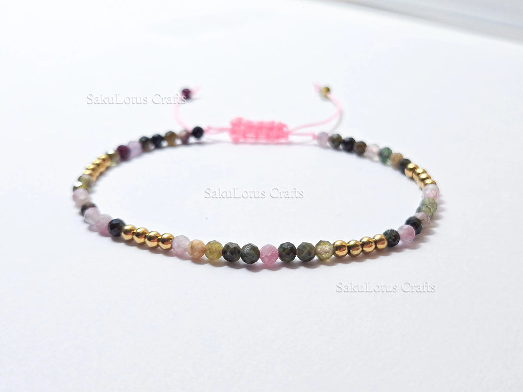 Faceted Multi-Color Tourmaline Bracelet • 3.3mm Beads • Adjustable Sliding Knot • 18K Gold Plated • Dainty Minimal Style