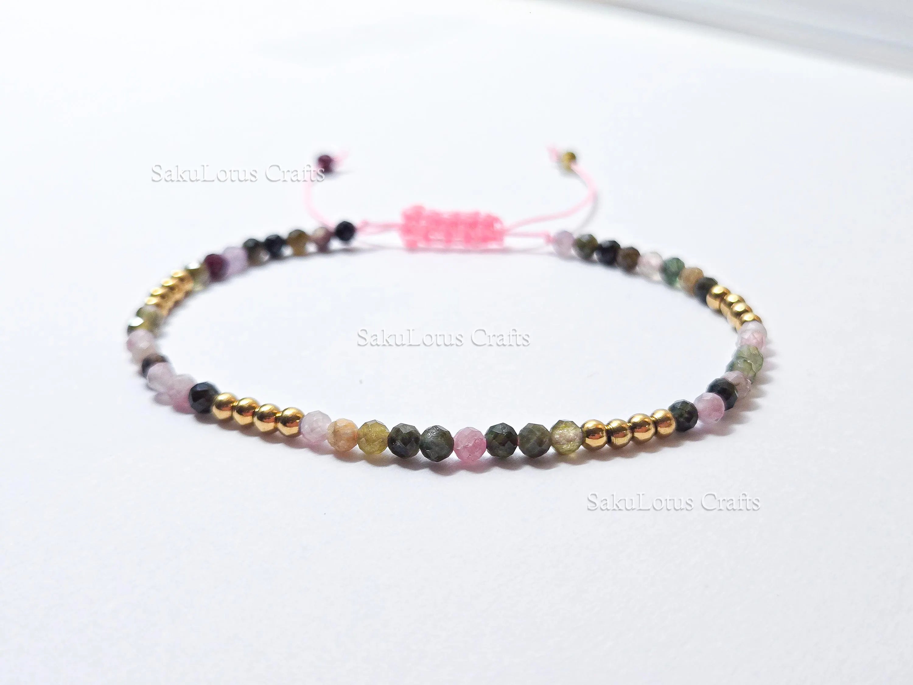 Faceted Multi-Color Tourmaline Bracelet • 3.3mm Beads • Adjustable Sliding Knot • 18K Gold Plated • Dainty Minimal Style