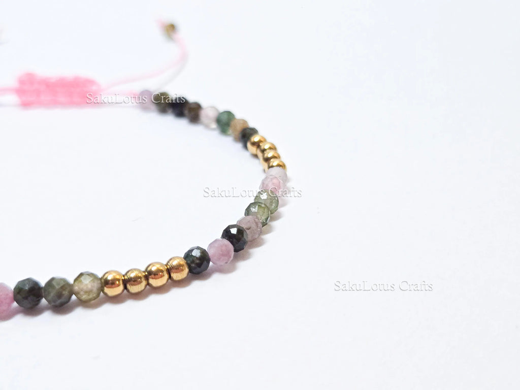 Faceted Multi-Color Tourmaline Bracelet • 3.3mm Beads • Adjustable Sliding Knot • 18K Gold Plated • Dainty Minimal Style