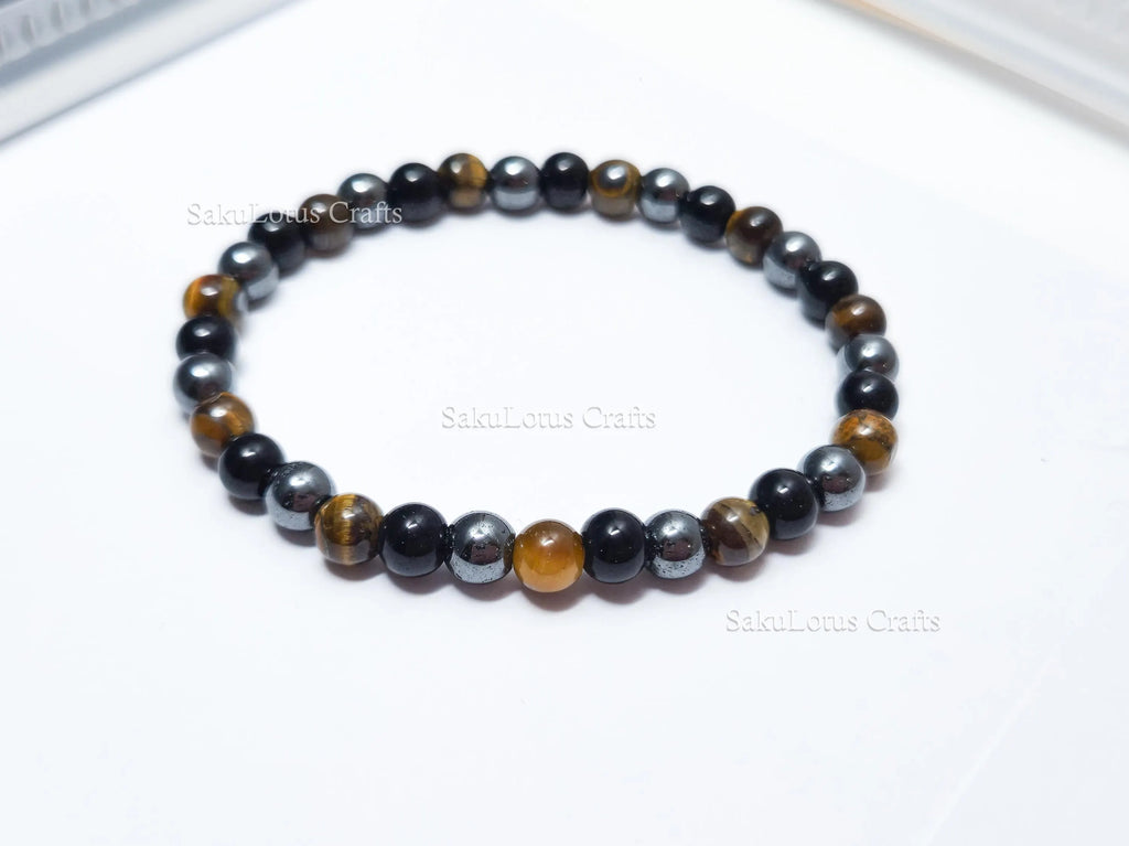 Natural Tiger’s Eye, Obsidian & Hematite Bracelet • 6.5mm Round Beads • Stretch Fit 7"–7.5" • Minimal Everyday Style